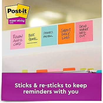 Post-it Super Sticky Notes, Double The Sticking Power, 24 Pads, 2160 Sheets, 76 Mm X 76 Mm, Green, Pink, Blue, Orange Colors - Self-Sticking Notes For Walls, Monitors And Fridge