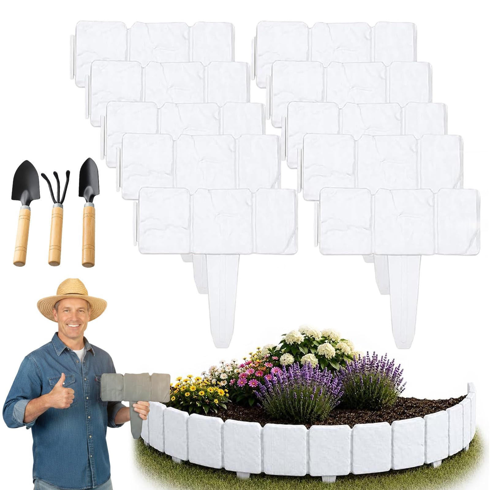 10 Piece Stone-Look Decorative Garden Edging Set, Imitation Stone Garden Fence, Flexible Plastic Garden Edging Border for Lawn and Flower Bed Landscape, No Dig Install (White,10 Pcs)
