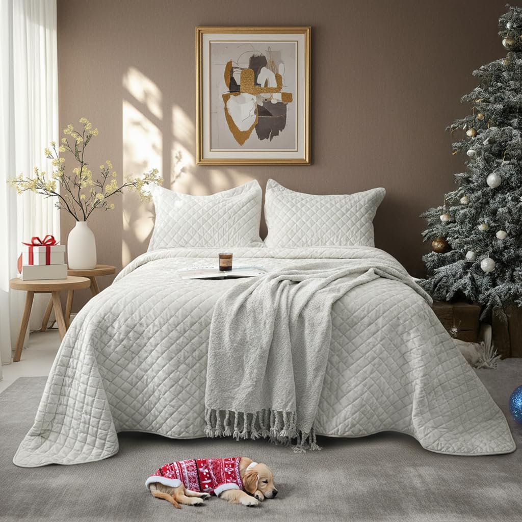 Luxury Velvet Queen Quilt Set, Ultra Soft Lightweight Cream White Velvet Comforter Set, Oversized Bedspread Coverlet with 2 Pillowcases Diamond Pattern, for All Season (White)