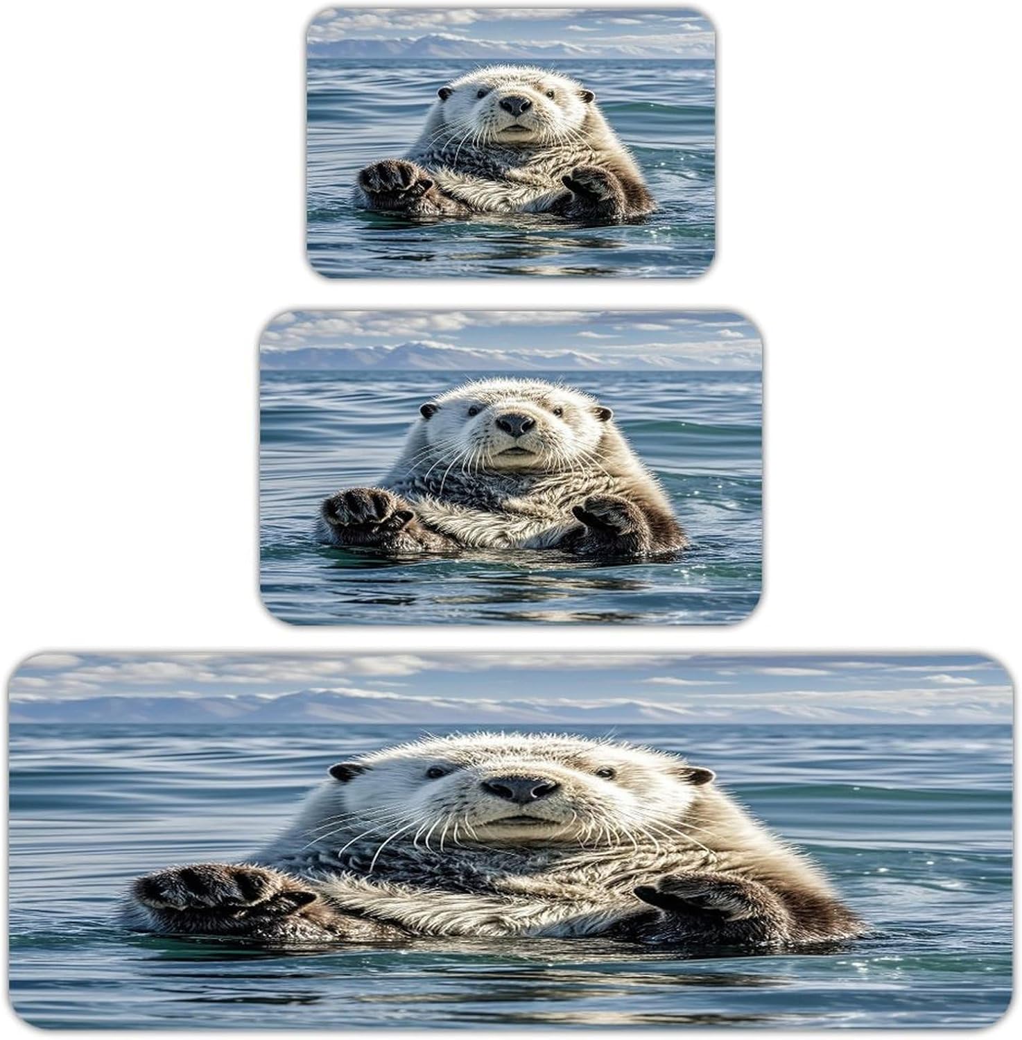 Sea Otter Kitchen Mats for Floor 3PCS Waterproof Low-Profile Kitchen Rugs Floor Mat Non Slip Anti Fatigue Mats Comfort Standing Mat Runner Rug Area Rug 6"x24"+20"x31"+17"x47"
