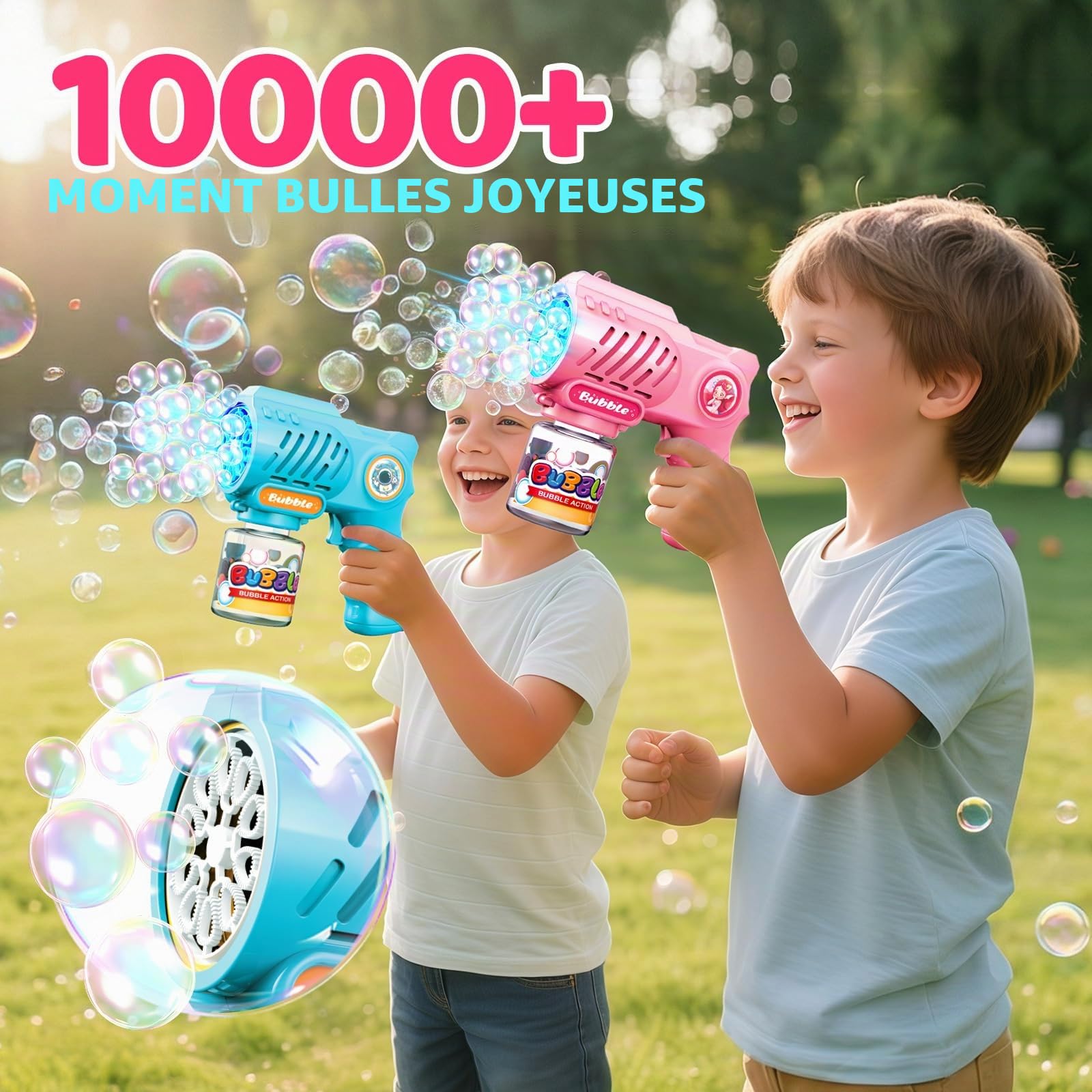 Tecnock Lot de 2 Pistolets à Bulles Automatiques pour Enfants avec Lumières LED et 10 Buses, 8 Piles AA Incluses, 3 Flacons de Solution et 10 Recharges, Légers et Anti-Fuite