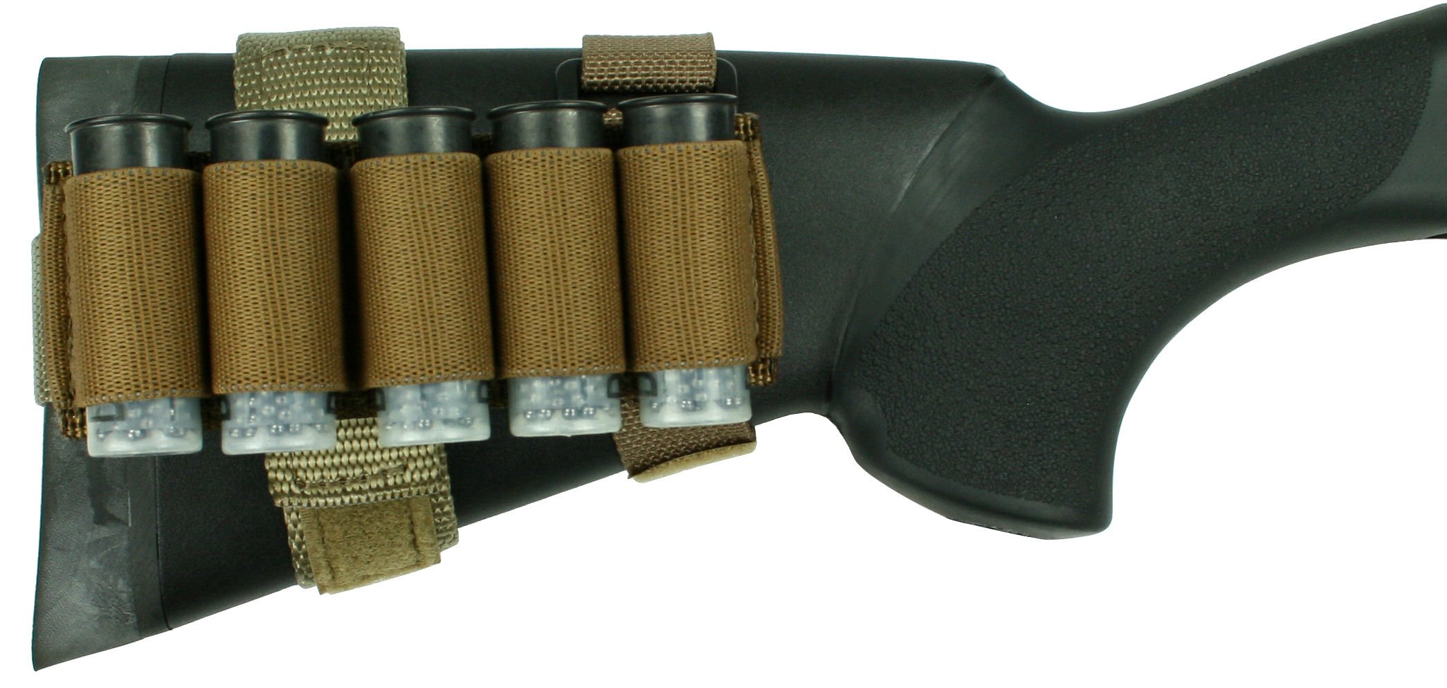 5 Round Buttstock Shell Holder, with Rear Adapter, Fits Hogue 12 Inch Length of Pull Stock, Coyote