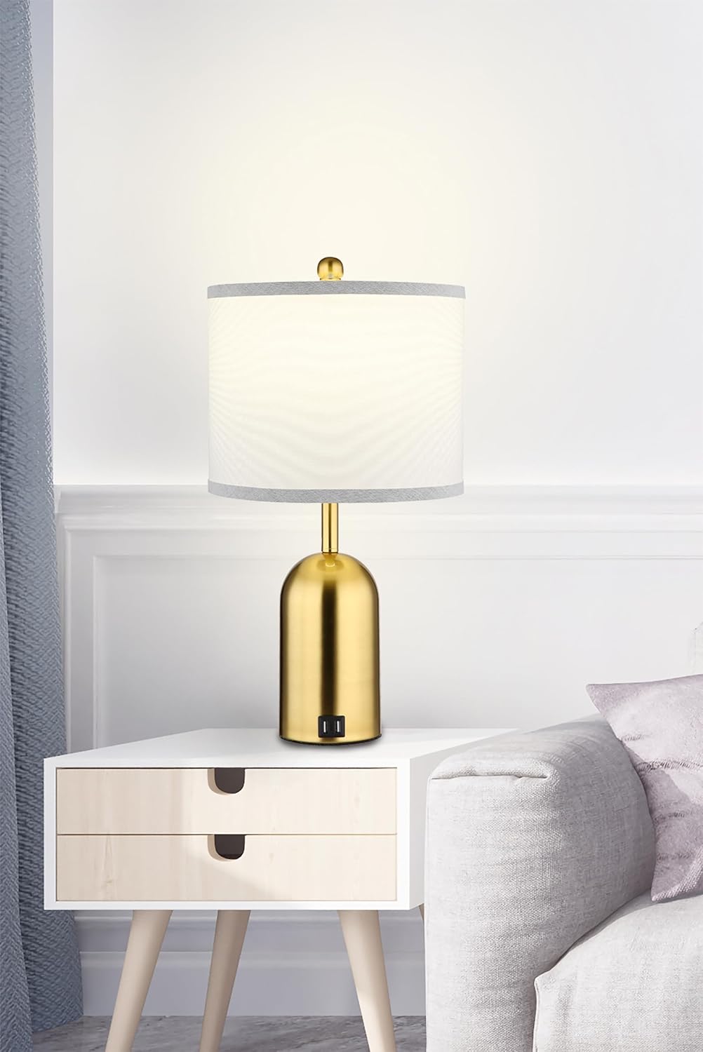 Touch Dimmer Table Lamp for Bedroom,Bedside Lamp with USB Port Elegant Nightstand Lamp with Fabric Shade,Gold Modern Desk Lamp for Living Room,Office,Bulb incl.