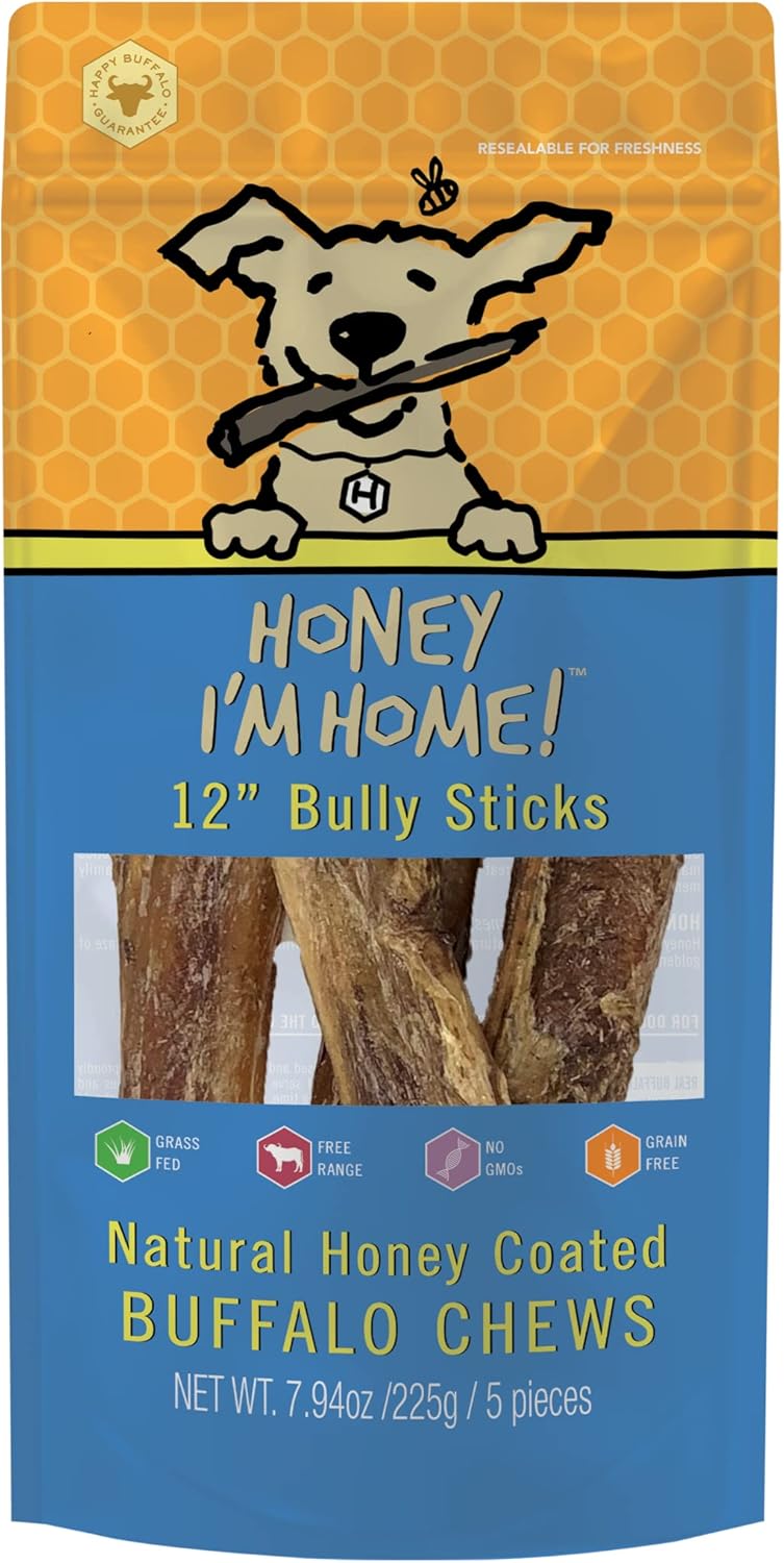Honey I'm Home, Bully Sticks Buffalo Dog Chews, 12 Inches, 5 Pieces - All Natural, Free Range, Healthy, Grain Free, Honey Coated