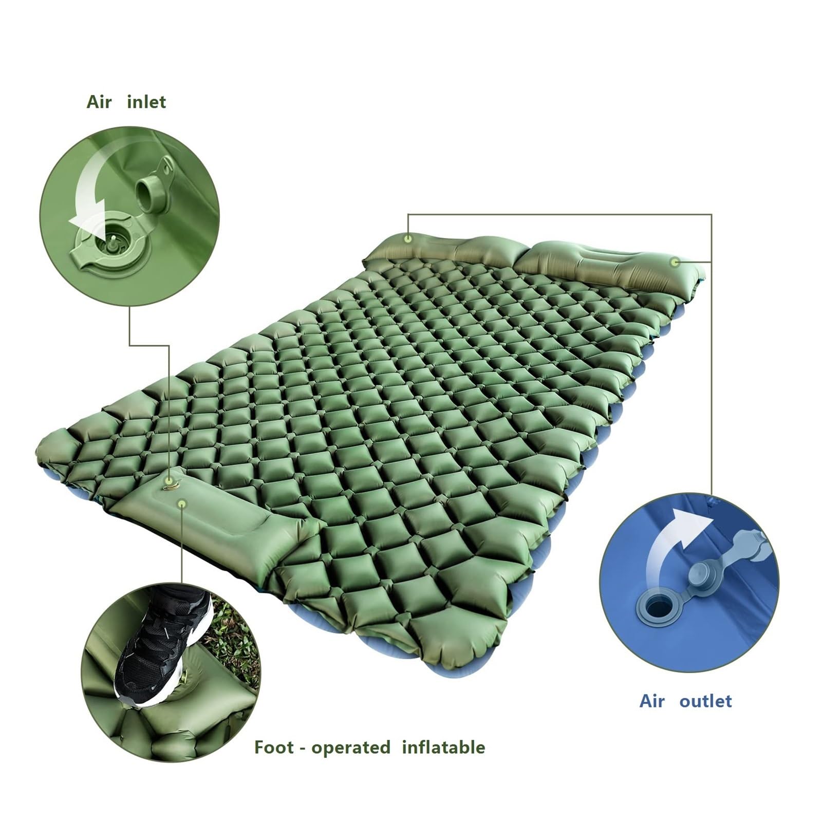 Zentoria Double Camping Sleeping Pad - Ultralight Outdoor Travel Sleeping Pad, 40D Nylon Composite TPU Foot Inflatables Pad with Pillow, Suitable for Backpacking, Hiking, Travel, Tent, Portable Campin