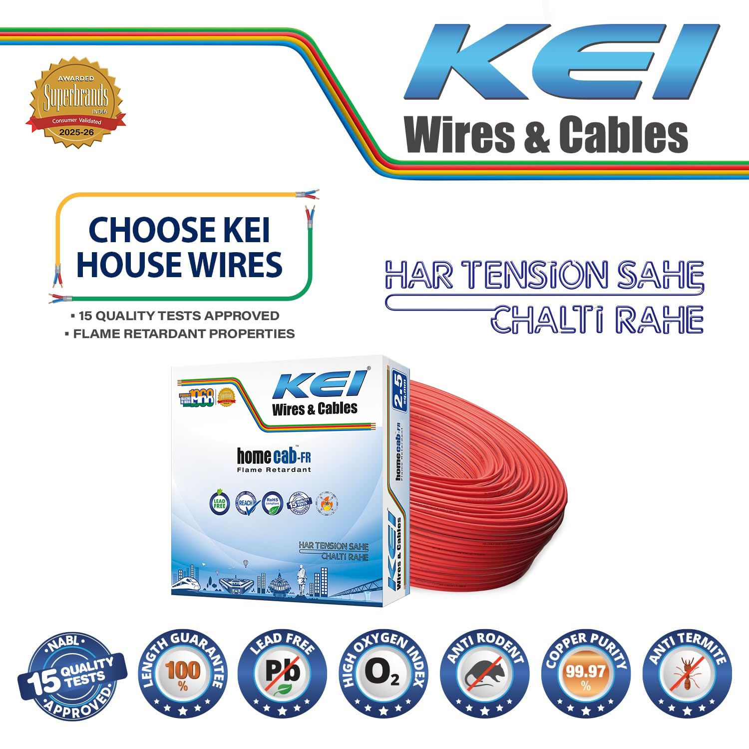 KEI WIRES & CABLES Homecab 2.5 sqmm 1 Core 99.97% Pure Copper Conductor Flame Retardant House Wire PVC Insulated Cable for Domestic & Industrial Electrical Wiring (Red, 90 Meters) — Amazon image 2