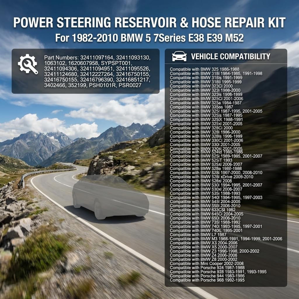Power Steering Reservoir Compatible with BMW 318i 325i 328i 330i 525i 530i 540i 740i X5 Z3 Z4, Mini Cooper, Porsche 924 944 968, Hydraulic Fluid Tank for Select 1982-2010 Models