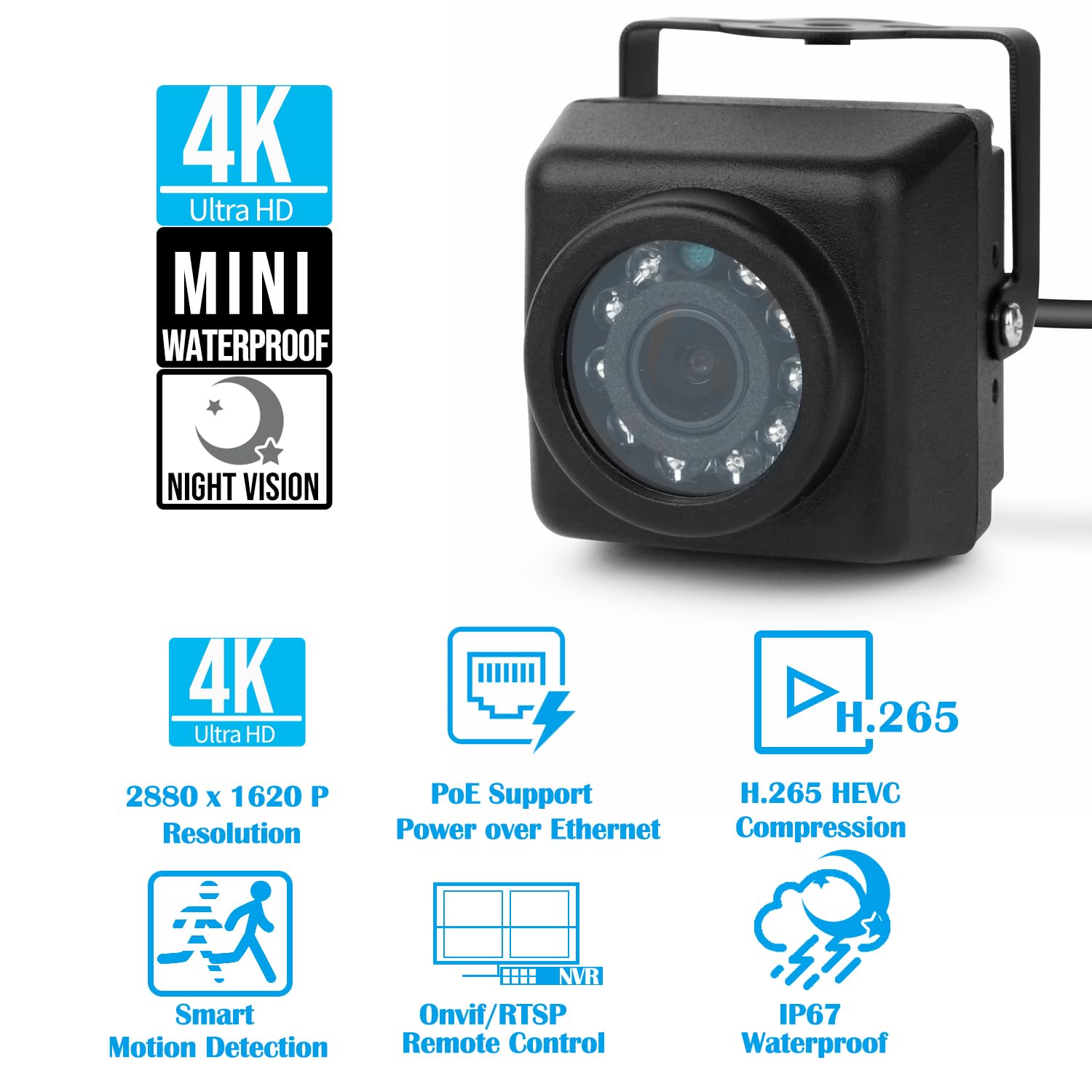 5 MP mini kamera IP POE IP, wodoszczelna IP65, Ultra HD 2880 x 1620, widoczność w nocy, obiektyw 3,6 mm 75°FOV, wykrywanie ruchu, aplikacja/NVR/PC Connect (I704-3-P-TS metal)