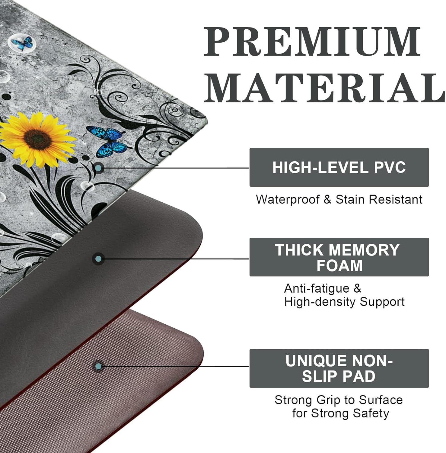 Likiyol Sunflower Kitchen Rugs Sets of 3 Kitchen Mats for Floor Anti Fatigue Mats for Kitchen Floor, Spring Floral Flower Non Slip Washable Standing Floor Mats, 18''x30''+18''x48''+18''x60''(Gray)