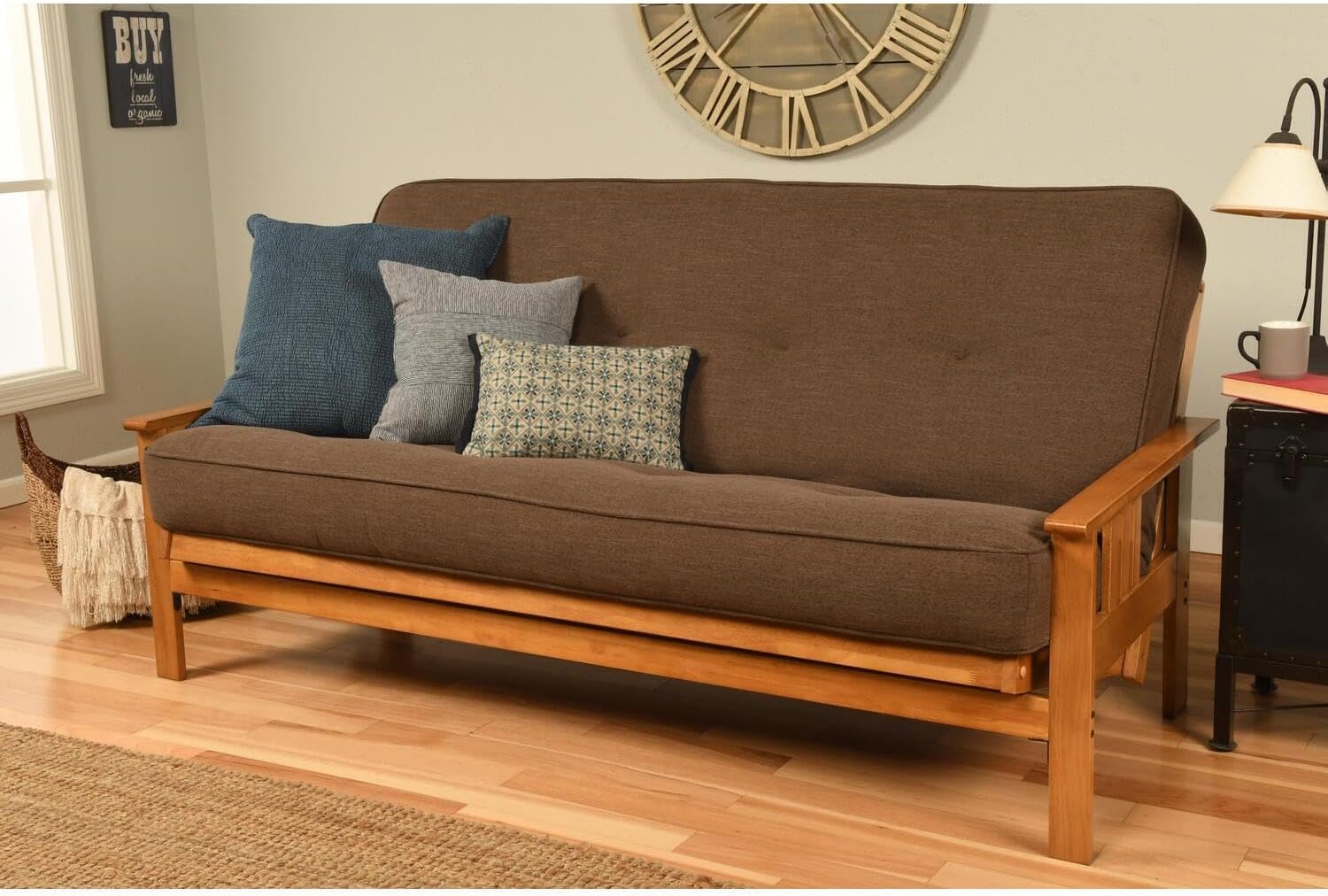 Maykoosh Full Size Futon Frame Sofa Bed - Linen Cocoa Mattress, Butternut Finish, Versatile Seating, 79L x 37D x 33H