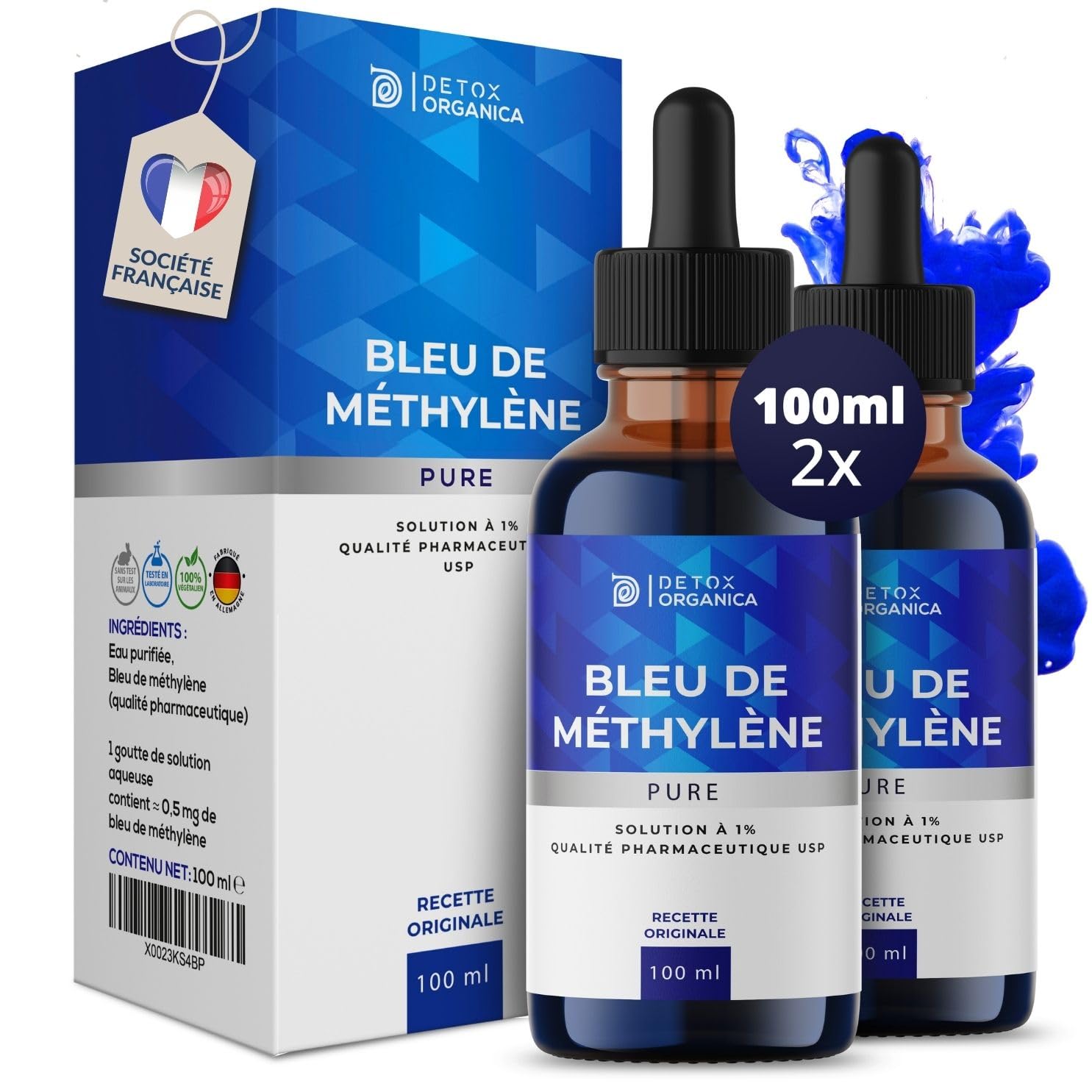 Detox Organica Bleu de Methylene Pur 100ml x2 Flacon Pipette | Qualité Pharmaceutique - Solution aqueuse 1% Premium, 100% USP - Fabriqué, Testé et certifié laboratoire Allemagne