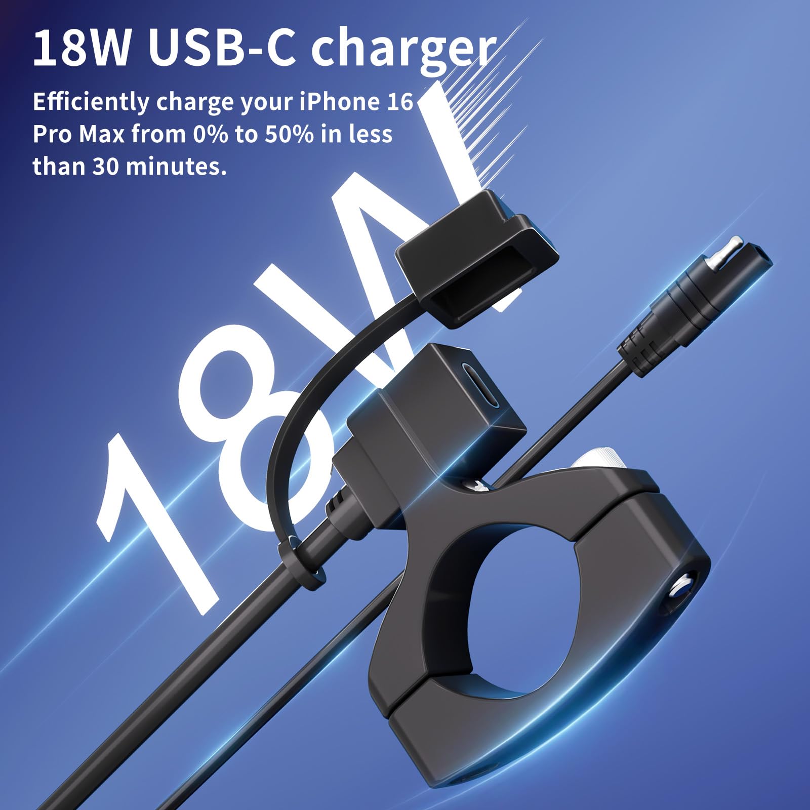 Cliff Top Gniazdo USB 12 V, motocyklowe, USB, 18 W, PD, USB-C, szybkie ładowanie, SAE na USB-C, adapter 12 V na USB, akcesoria motocyklowe, port ładowarki akumulatora motocyklowego, z uchwytem na