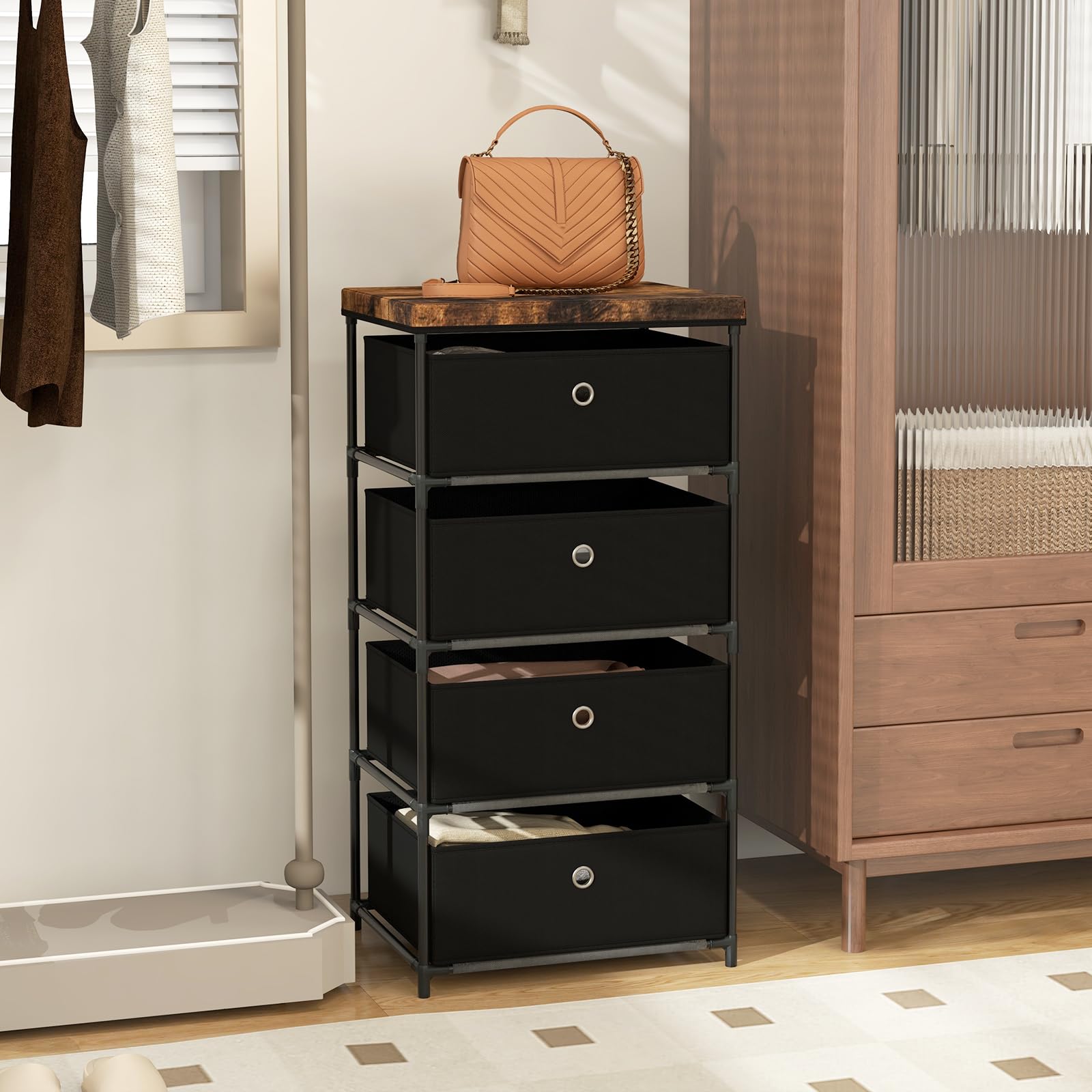 Commode 5 Tiroirs En Tissu - Étroite Et Haute, Idéale Petits Espaces - Rangement Chambre, Salon, Bureau