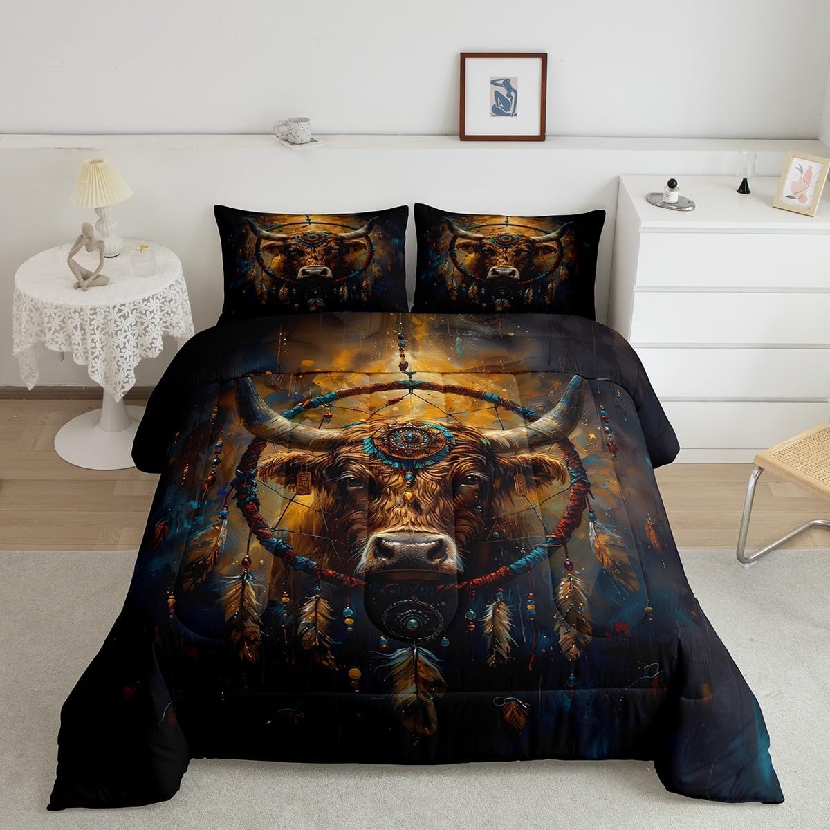 Erosebridal Longhorn Bull Comforter Set Dream Catcher Bedding Sets Full,Boho Feather Quilt Bed Set Farm Animals Duvet Insert,Exotic Bohemian Decor
