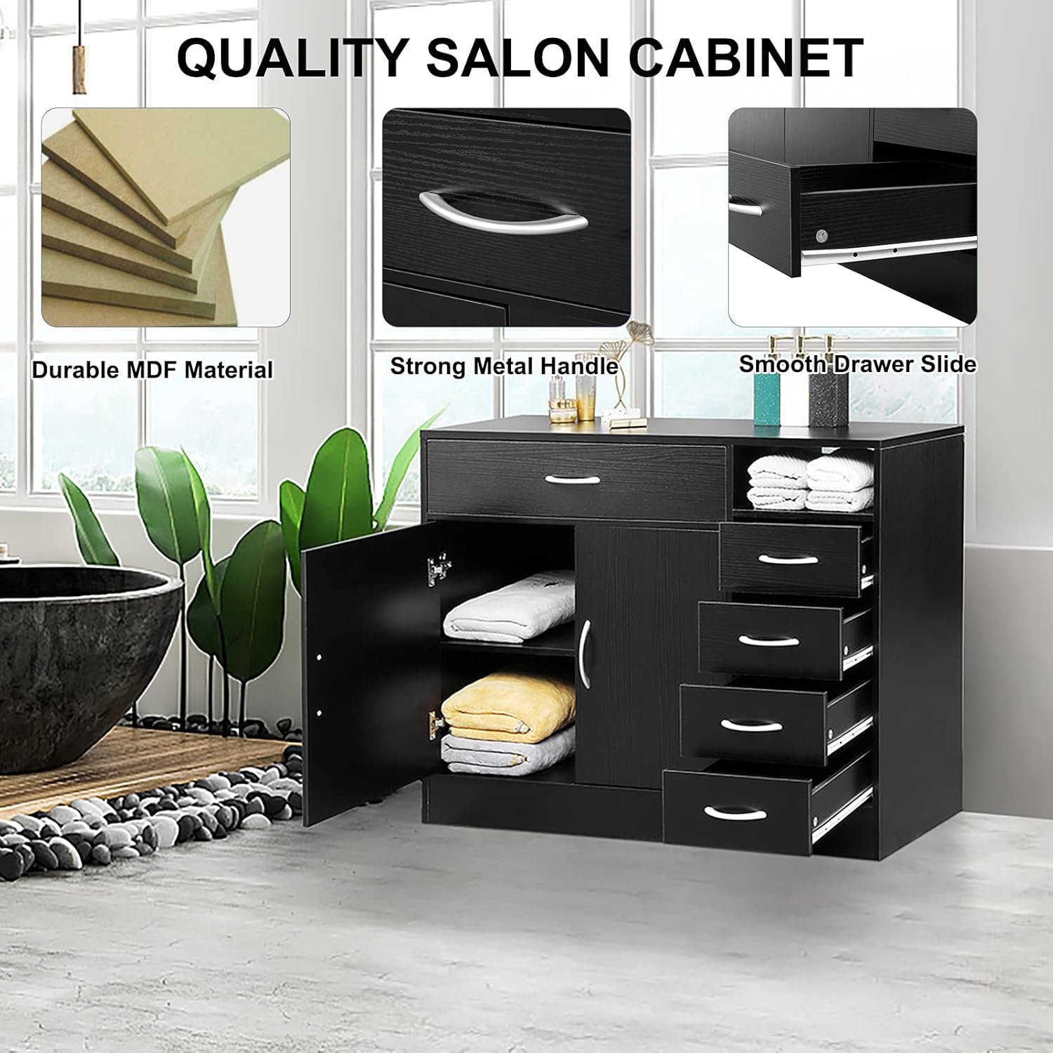 Homvent Hairdressing Dresser Cabinet Barber Salon Stations Hair Styling Cabinet Beauty Salon Storage Organizer Spa Furniture with Double Doors Five layer Rolling Storage Drawer 1 Open Shelf (Black A) : Beauty & Personal Care