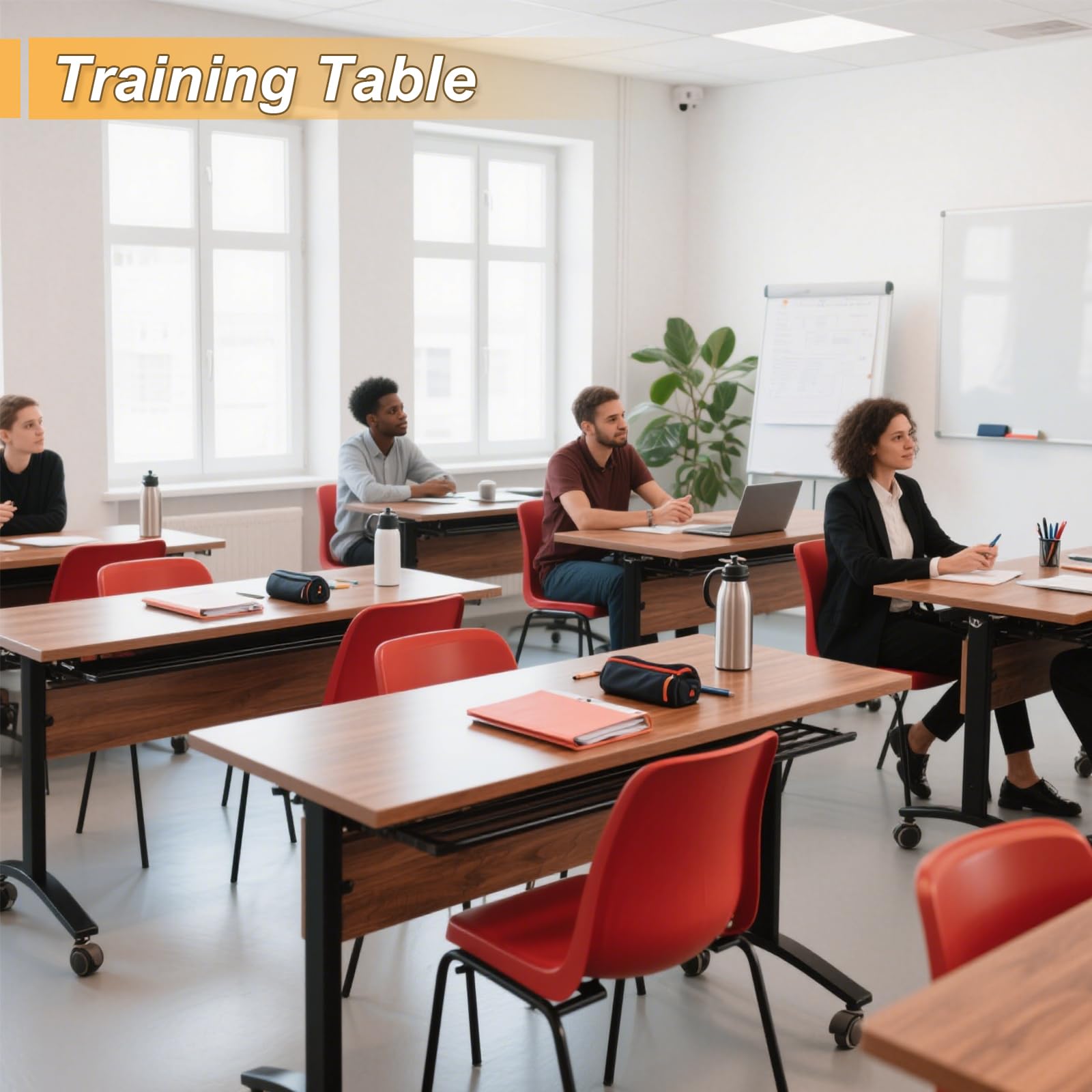 Schulungstisch für Konferenzräume mit geräuschlosen Rollen, mobil und klappbar für 16 Personen, klappbare Tischplatte aus Walnussholz, geeignet für Schulen und Geschäftsräume