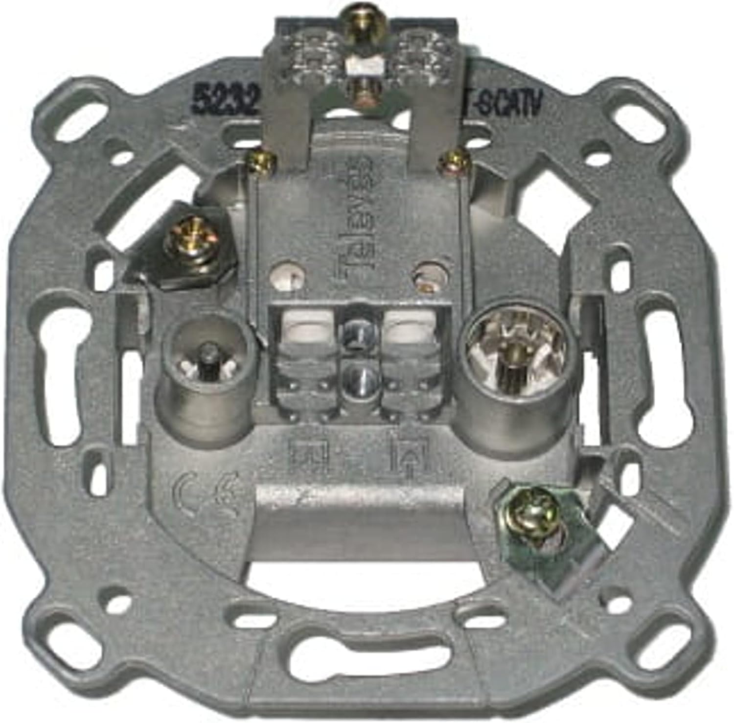 Bag view of the Televes 5232 metal mounting frame, showing internal connections and the model number.