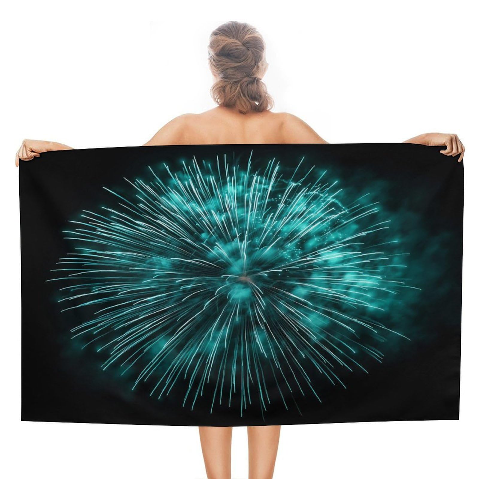 LSRCPD Fireworks Burst in Icy Blue And Teal Colors Beach Towel Sand Free Microfiber Large Shower Towels Multipurpose Absorbent for Bathroom Pool 130x80 CM