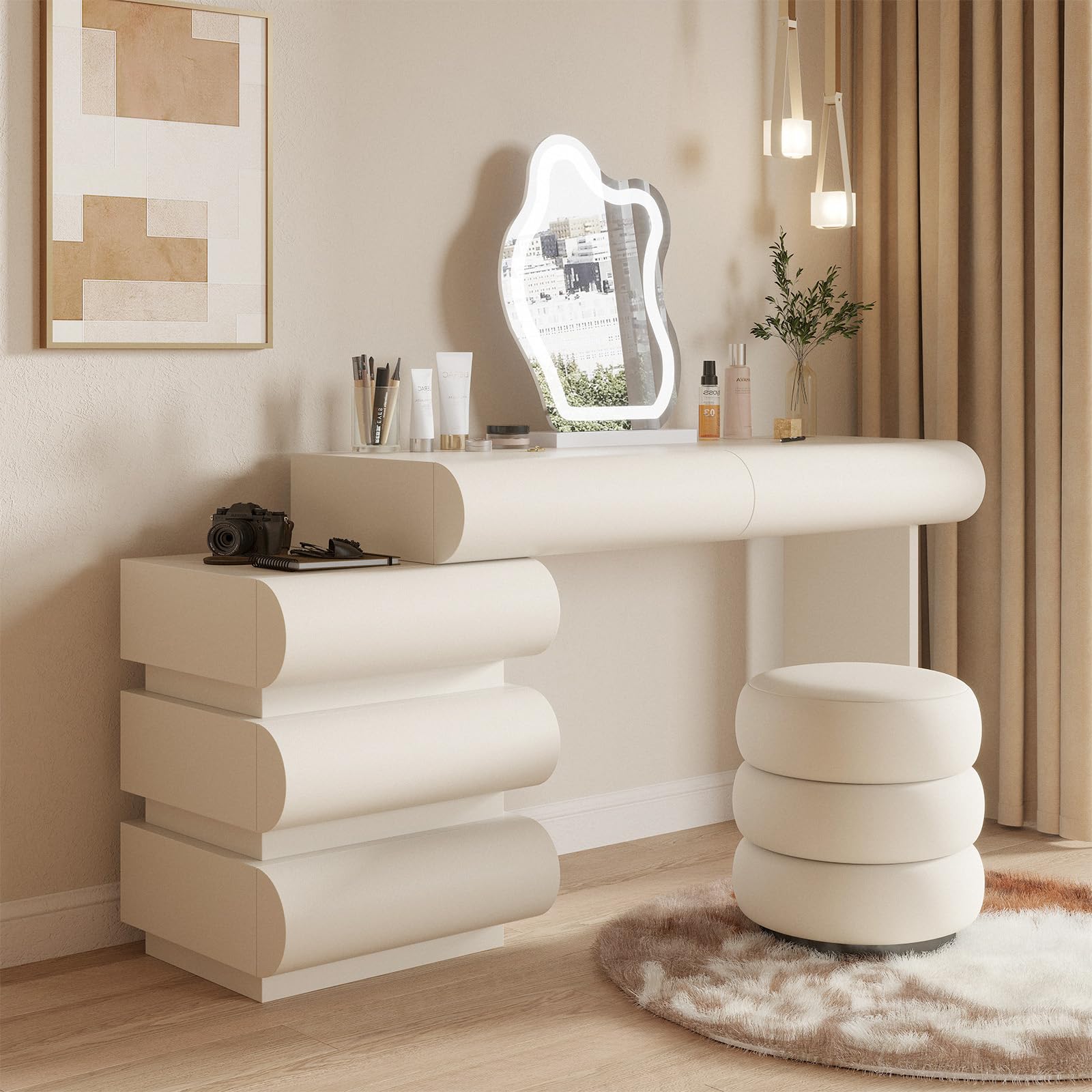 faux leather dressing table Amazon.com: Rieort Vanity Desk Mirror and Lights Dressing Table Faux Saddle Leather Vanity Set with Stool and 4 Drawers Luxury Makeup Table : Home & Kitchen