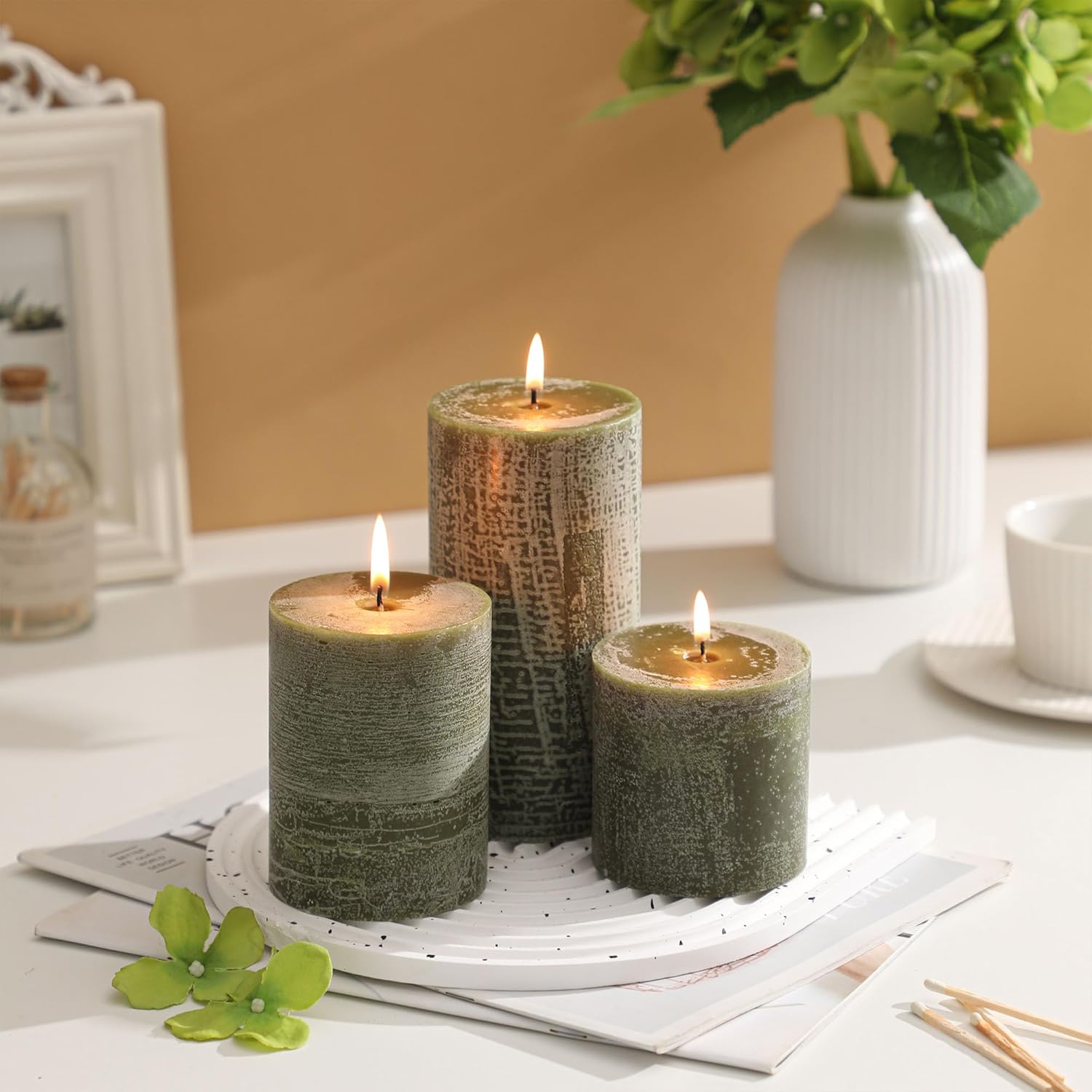 3x4 Inch Moss Green Pillar Candles - Set of 3, Long Clean Burning, Smokeless Dripless Candles for Spring Home Decor, Dinner Table, Bathroom, Rustic Decor - Image 4