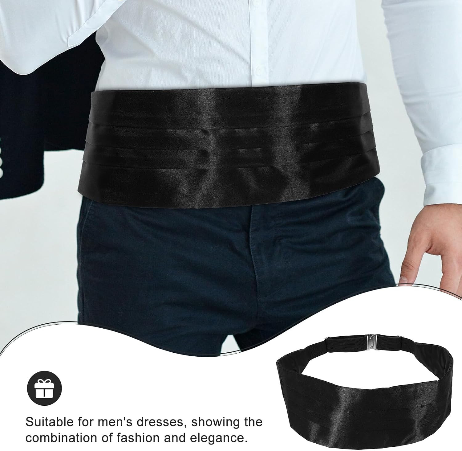 KOMBIUDA 3pcs Men’s Black Satin Cummerbund Set Adjustable Tuxedo Waistband Formal Wedding Prom Party Accessories