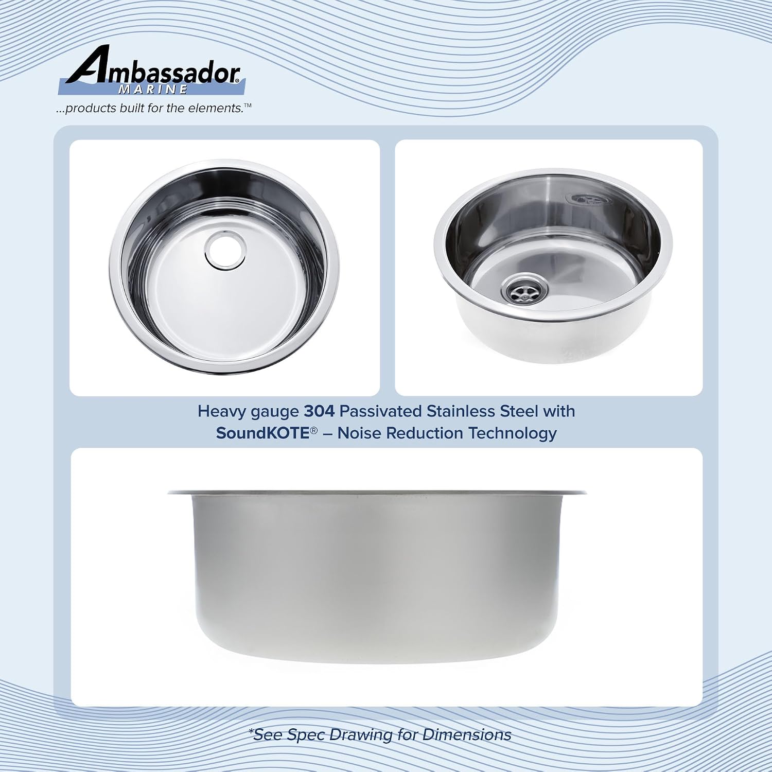 Ambassador Marine - Cylinder Sink (Ultra-Mirror Finish), 304 Stainless Steel, 2" Drain, SoundKOTE, 13-3/8 Inch Outside Diameter x 5 Inches Deep - S14-2501-UM-W