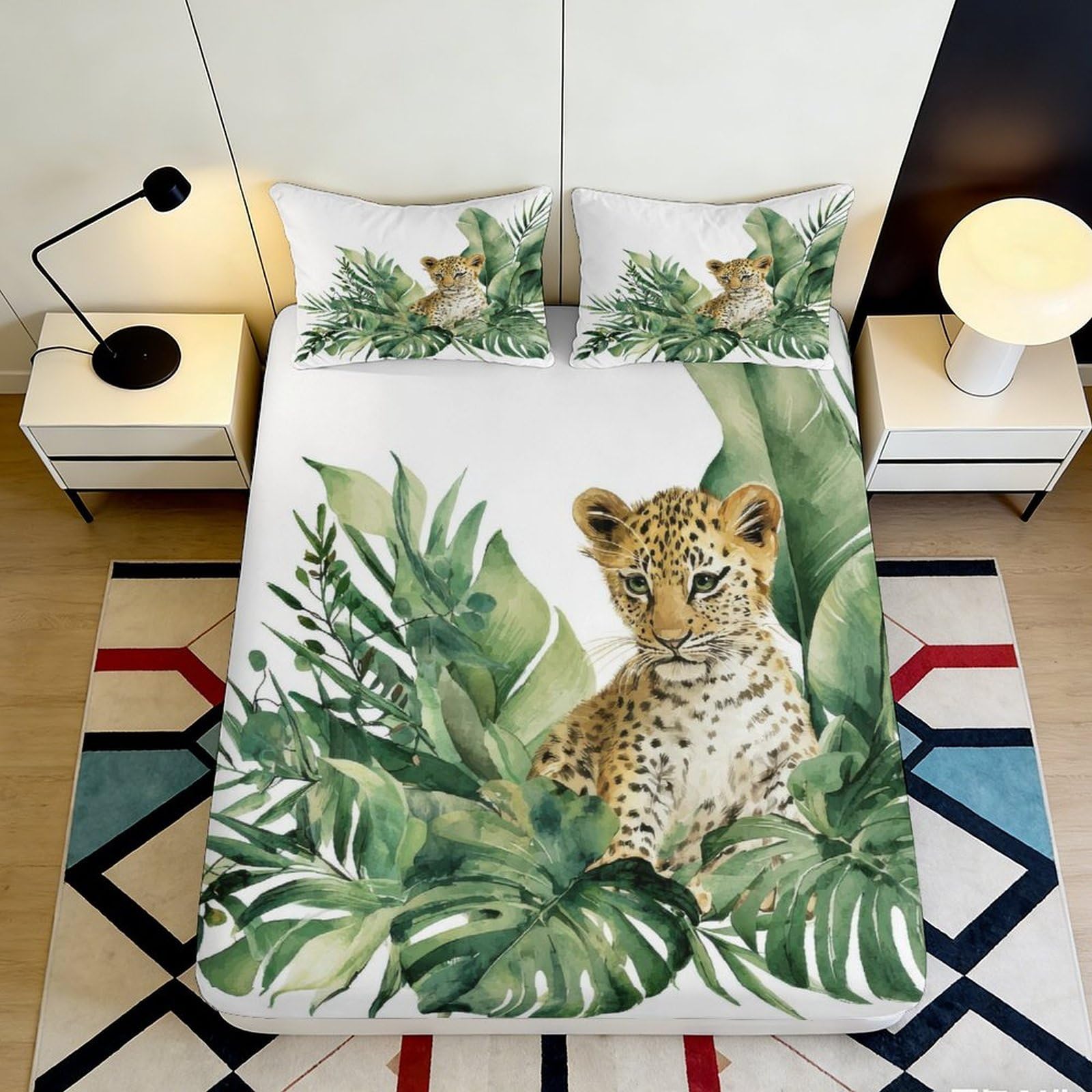 3D Printed Tropical Jungle Leopard Fitted Sheet Microfiber Deep Pocket Non-Slip Bedroom Bedding Leopard Mattress Fitted Cover Washable 200x200x25cm