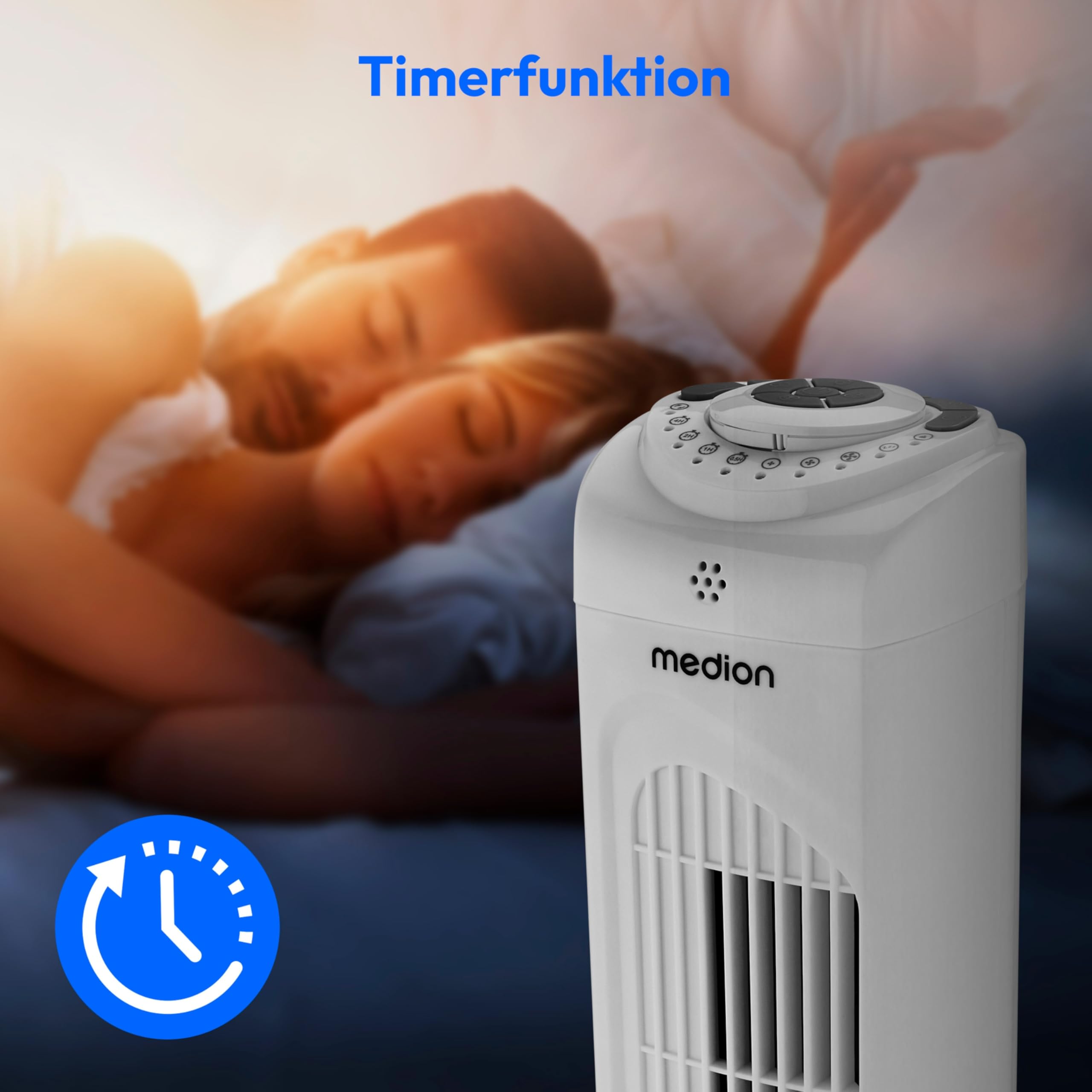 MEDION E11 TF Turmventilator mit Fernbedienung 45 Watt 3 Geschwindigkeitsstufen leiser Schlafmodus 60° horizontale Oszillation Timer weiß