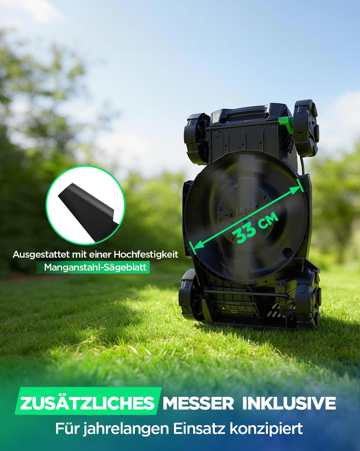Akku-Rasenmäher für kleine Gärten, 33 cm Arbeitsbreite, bürstenloser Antrieb, 2-in-1 Mulchen & Fangen, mit 2×5,0 Ah Akkus für bis zu 400 m² pro Ladung, inkl. Typ-C-Ladekabel