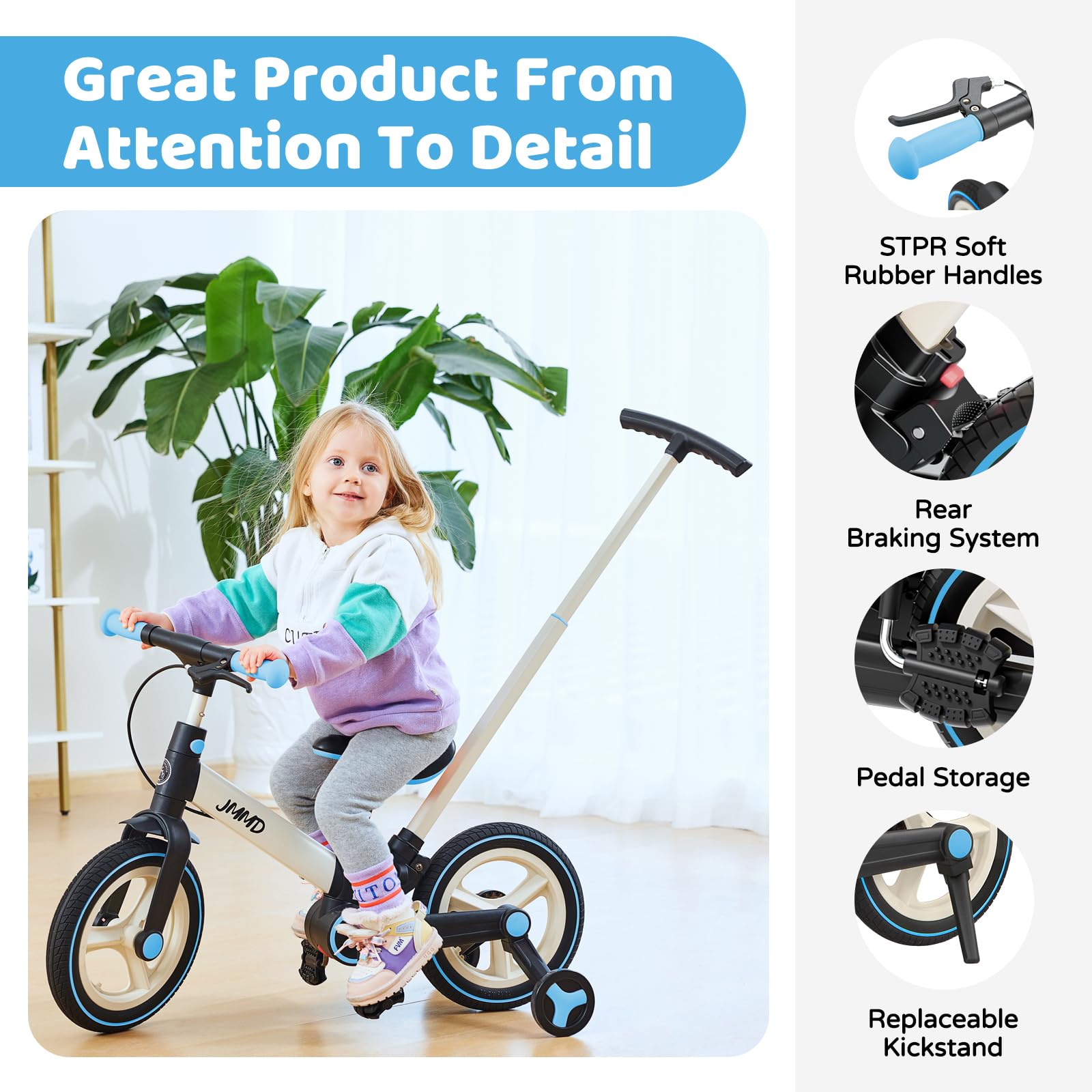 JMMD Bicicleta 6 en 1 para Niños Pequeños con Ruedas de Entrenamiento y Pedales, Edad 18 Meses a 5 Años, Bicicleta de Equilibrio y Pedal 12" Transformable y Plegable