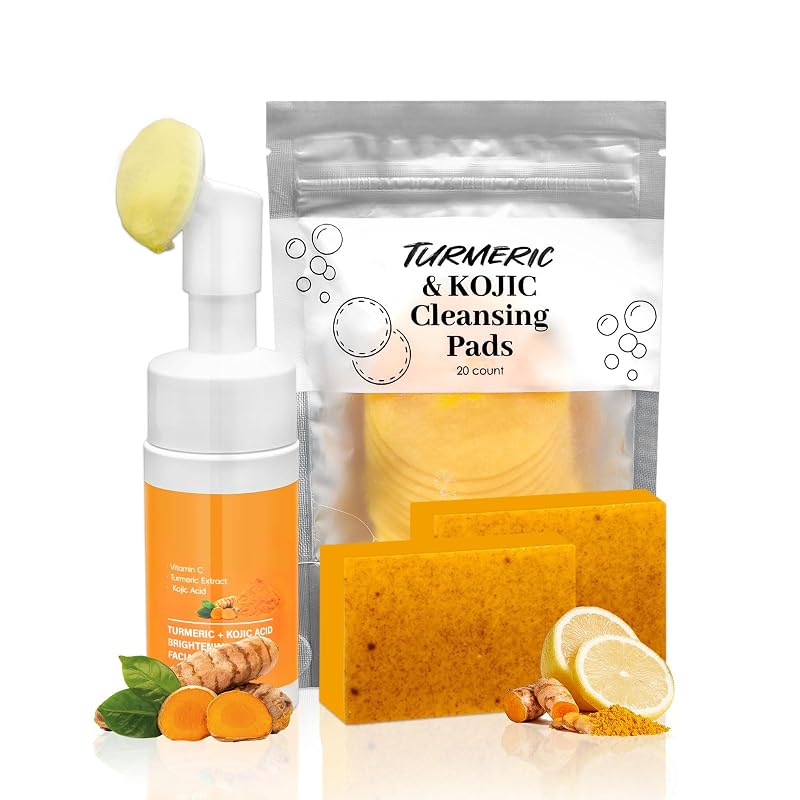 Kit Amdele com sabonete de cúrcuma, sabonete líquido facial e escova para rosto e corpo, 3 peças