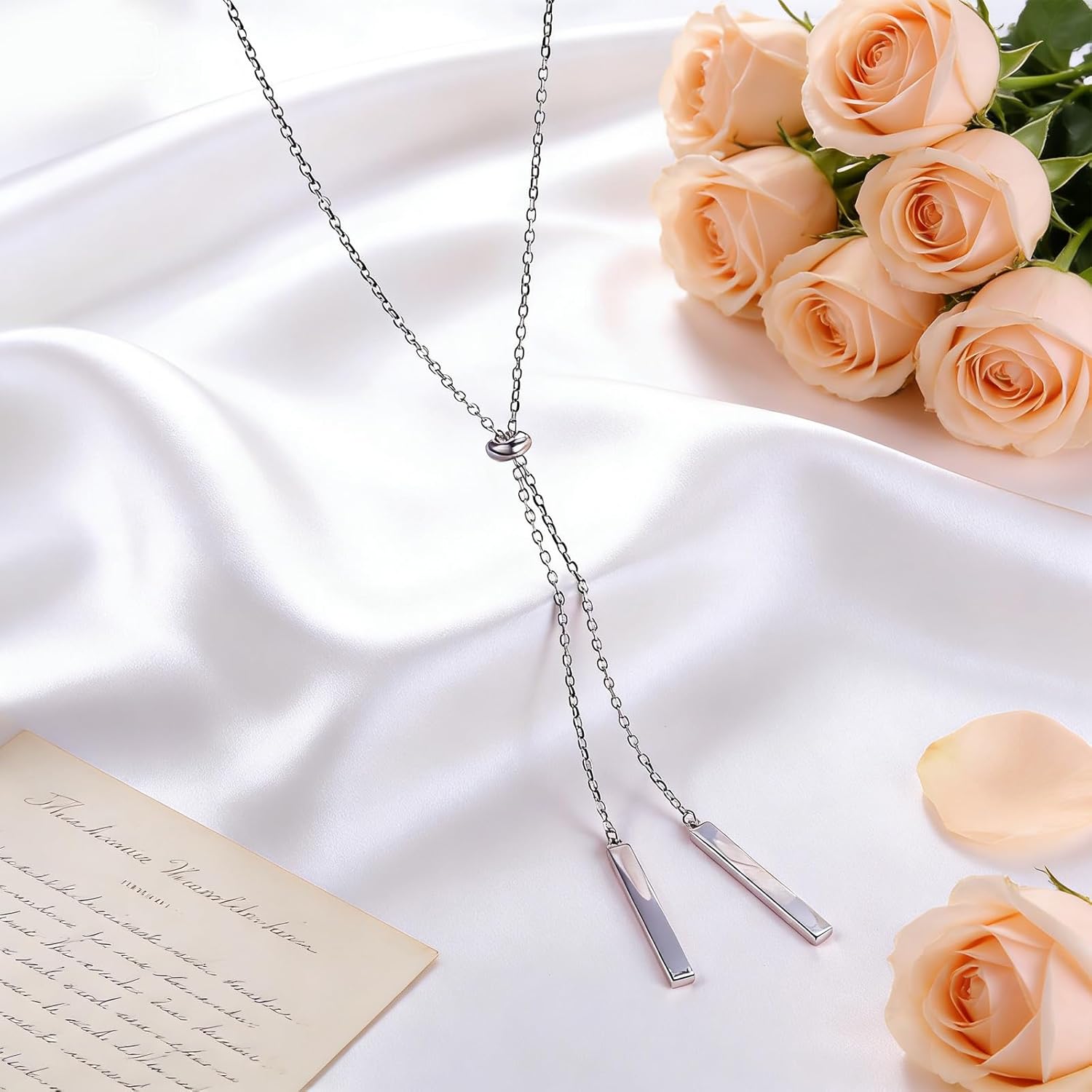 Long Necklace Sterling Silver Larait Bar Y Lariat Long Chain Drop Adjustable Necklace Gift for Her, 30"