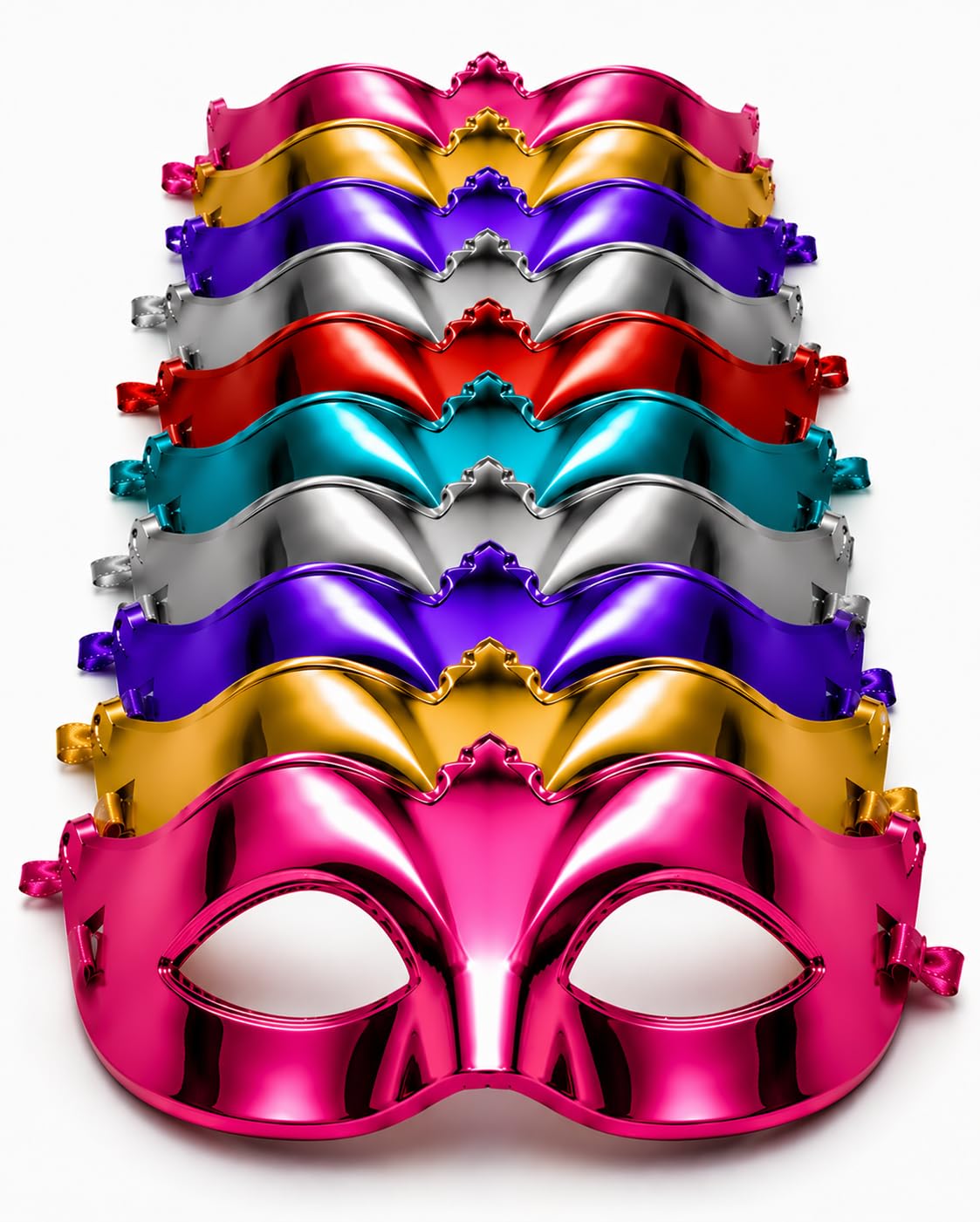 Fun Affairs Masquerade Eye Mask for Party – Set of 6 Metallic Masks (3 Colors, 2 Each) with Ribbon Tie | Venetian Style Face Masks for Birthday, Couple, Halloween, Festive & New Year Events