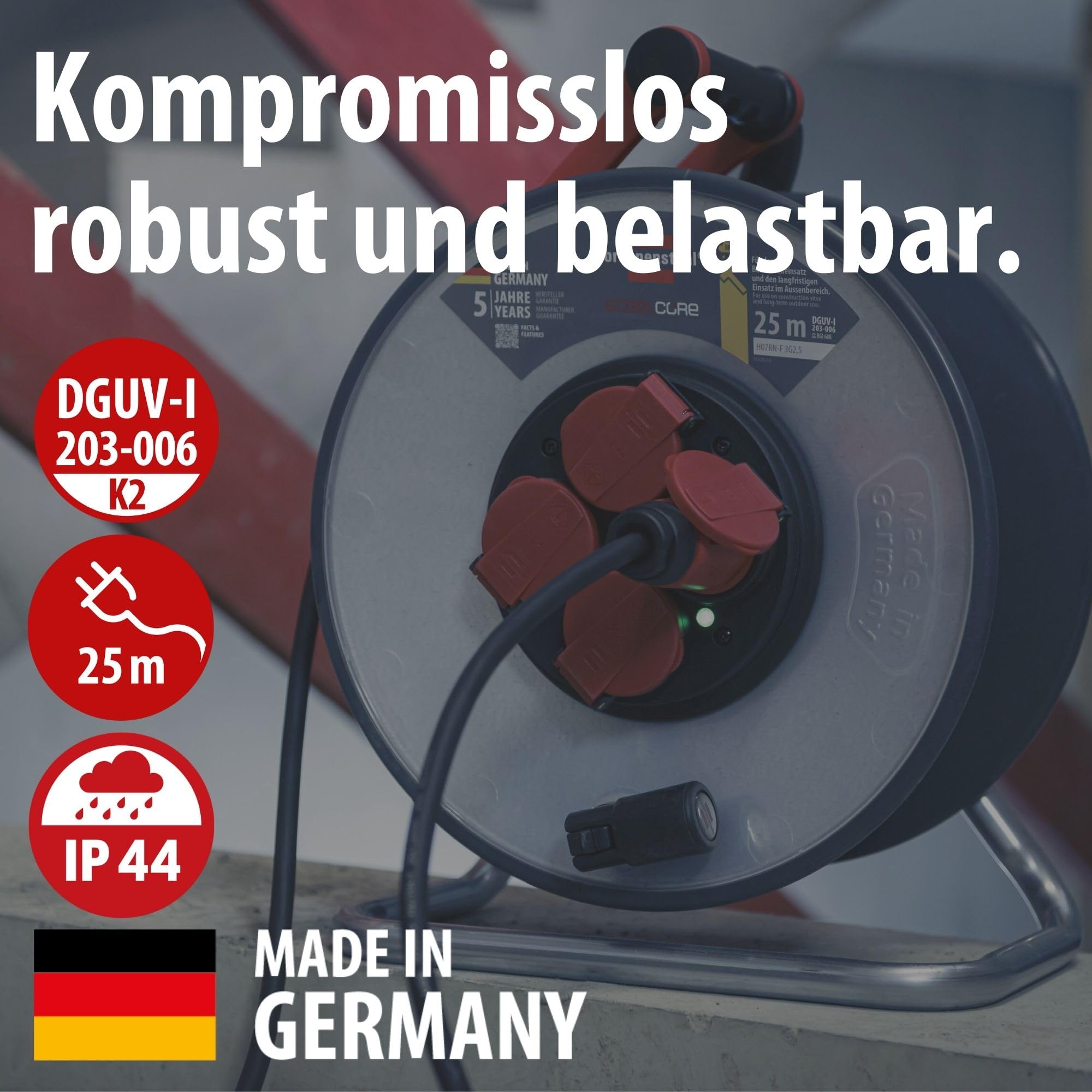 Brennenstuhl Professional SteelCore Kabeltrommel SC 2200 IP44 (25m H07RN-F 3G2,5, Trommelkörper aus Stahlblech, Baustelleneinsatz und ständiger Einsatz im Freien, Made in Germany)