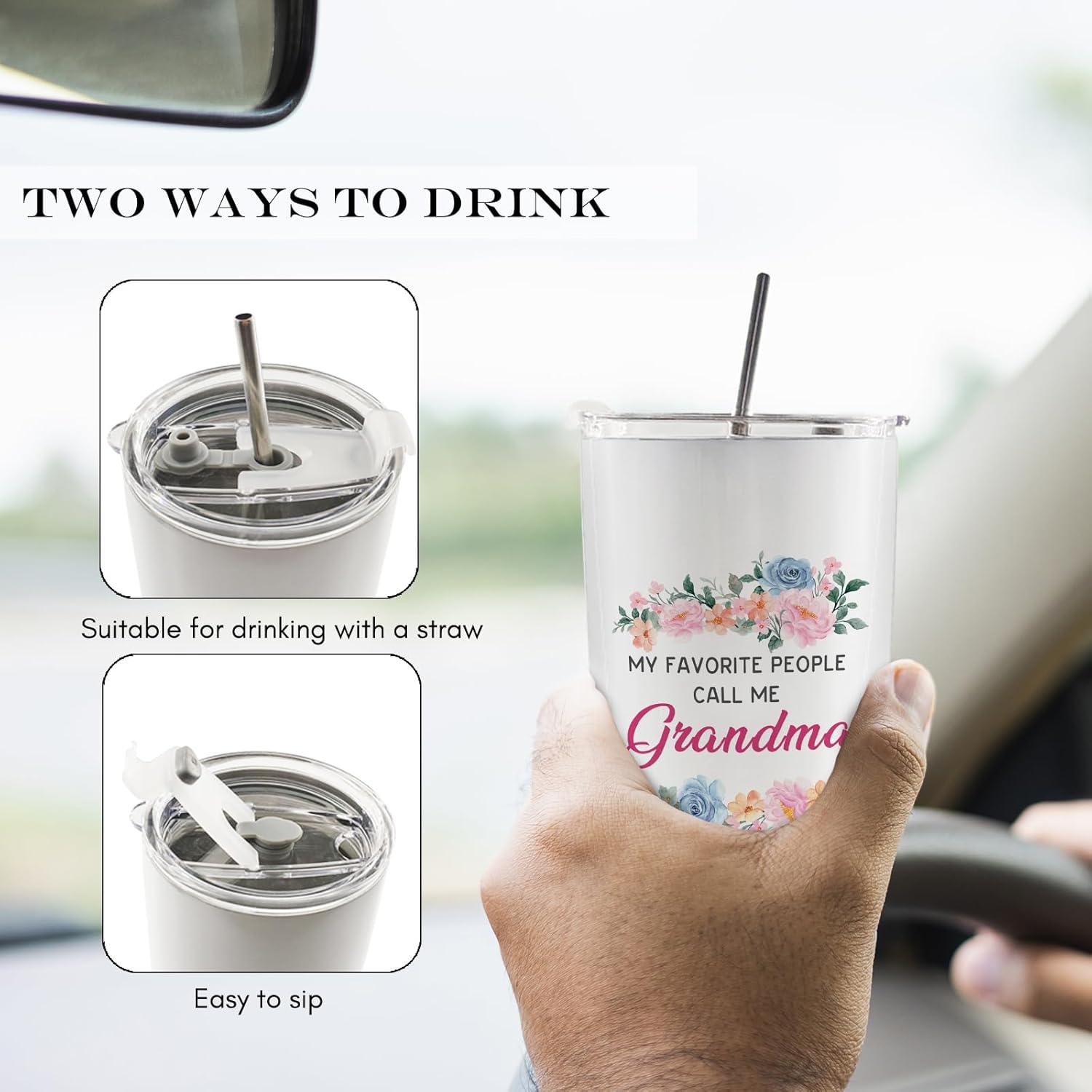 Grandma 20oz Travel Coffee Mug Tumbler, Mother's Day Birthday Gifts from Grandkids,My Favorite People Call Me Grandma Floral Water Stainless Steel Tumbler with Lid and Straw Drinkware - Image 5