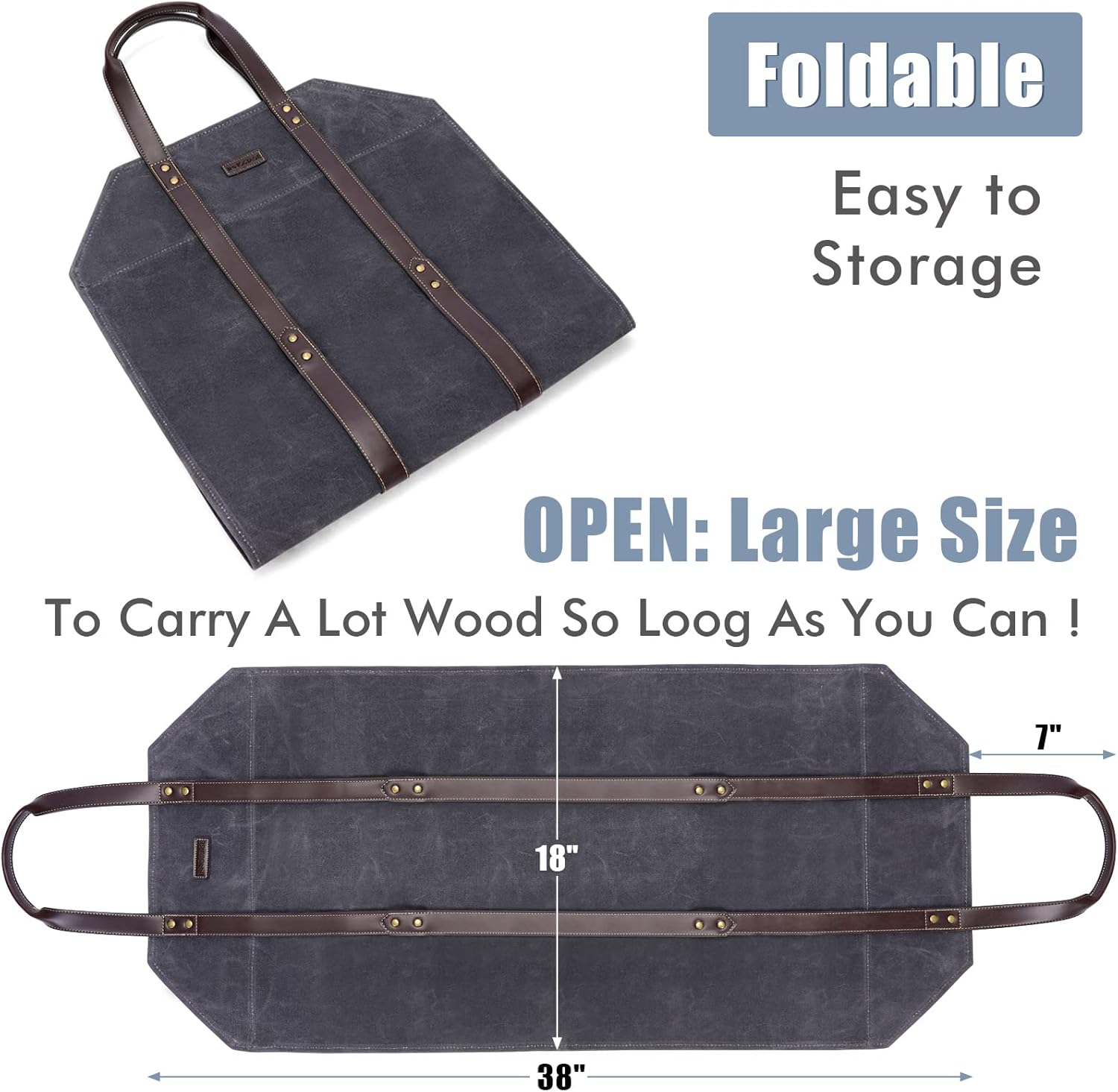 Log Carrier|Waxed Canvas Log Holder|Firewood Carrier Tote Bag|Fireplace Wood Stove Accessories-Grey - Image 2
