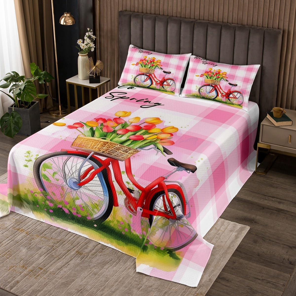 Manfei Hello Spring Bedspread Twin Size,Retro Truck Happy Camping Bedding Set 2pcs for Kids Teens Living Room Decor,Flowers Romantic Quilted Coverlet Soft Breathable with 1 Pillowcase
