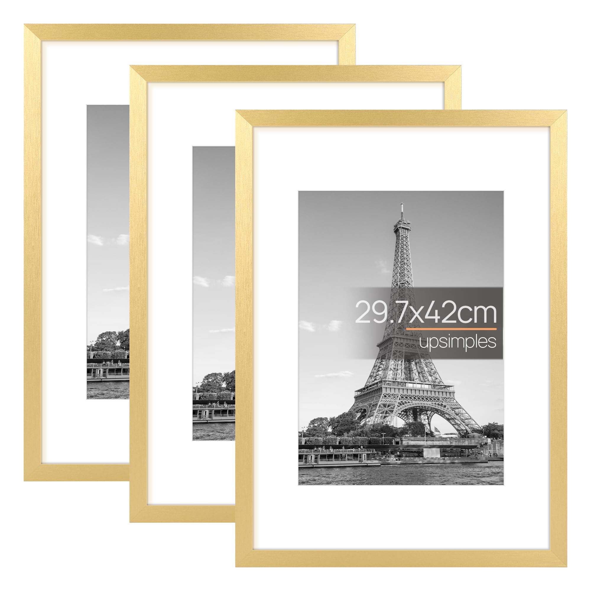 upsimples Cornice A3, Confezione da 3 Cornici portafoto Oro, Formato 29,7 x 42 cm, Con Supporto Orientamento Orizzontale o Verticale, Cornici per Ppuzzle, Parete, Poster, Diploma Universitario