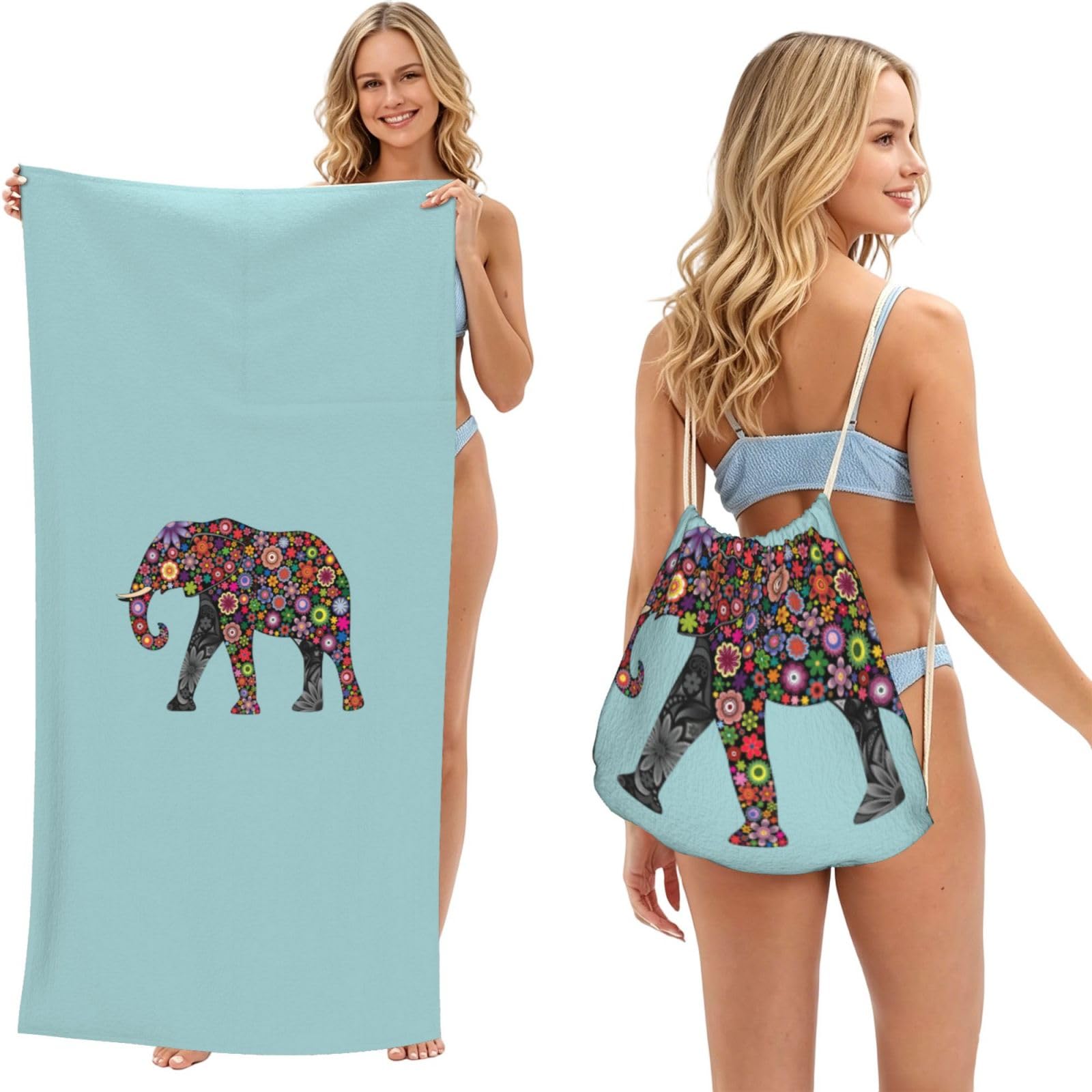 WSHFFILO Cheerful Elephant printed 2 in 1 Packable Towel Bag Bath Towel Beach Towel