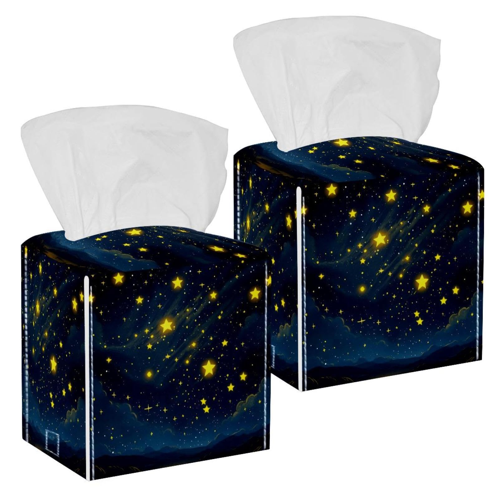 Yellow Starry Sky Tissue Box Cover, 2 Pack PU Leather Square Facial Tissue Dispenser Box holder for Home Office Car