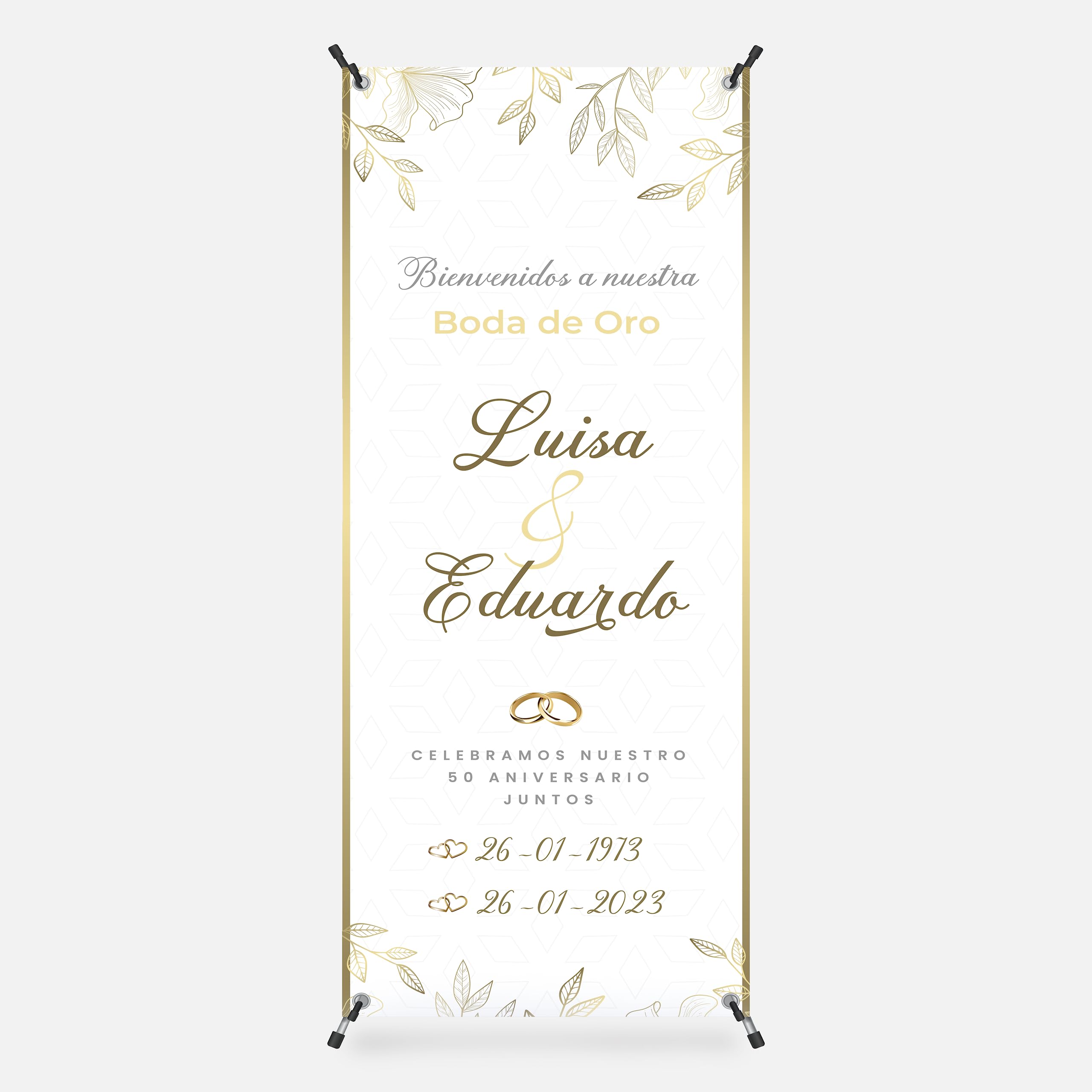 Photocall Personalizado para Bodas de Oro de 70x180 cm - Nombres de la Pareja y Fechas Personalizables - Decoración Especial para Celebrar 50 Aniversario llenos de Amor (Modelo 2)