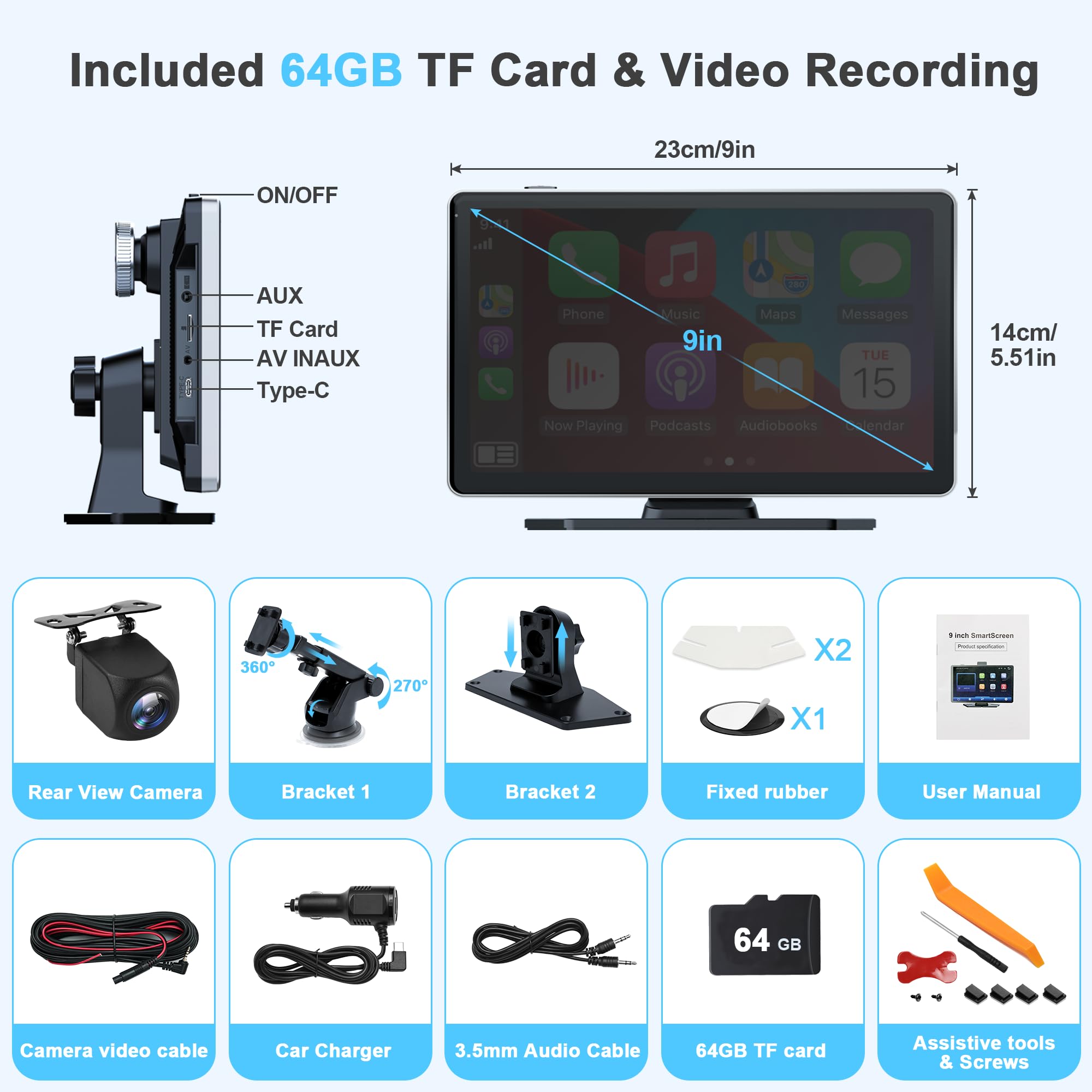 Radio de 9 Pulgadas con Apple Car Play y Android Auto, Reproductor portátil táctil inalámbrico con Control de Voz, cámara Dual 4K Frontal y Trasera 1080p (9 Pulgadas + 2 cámaras)