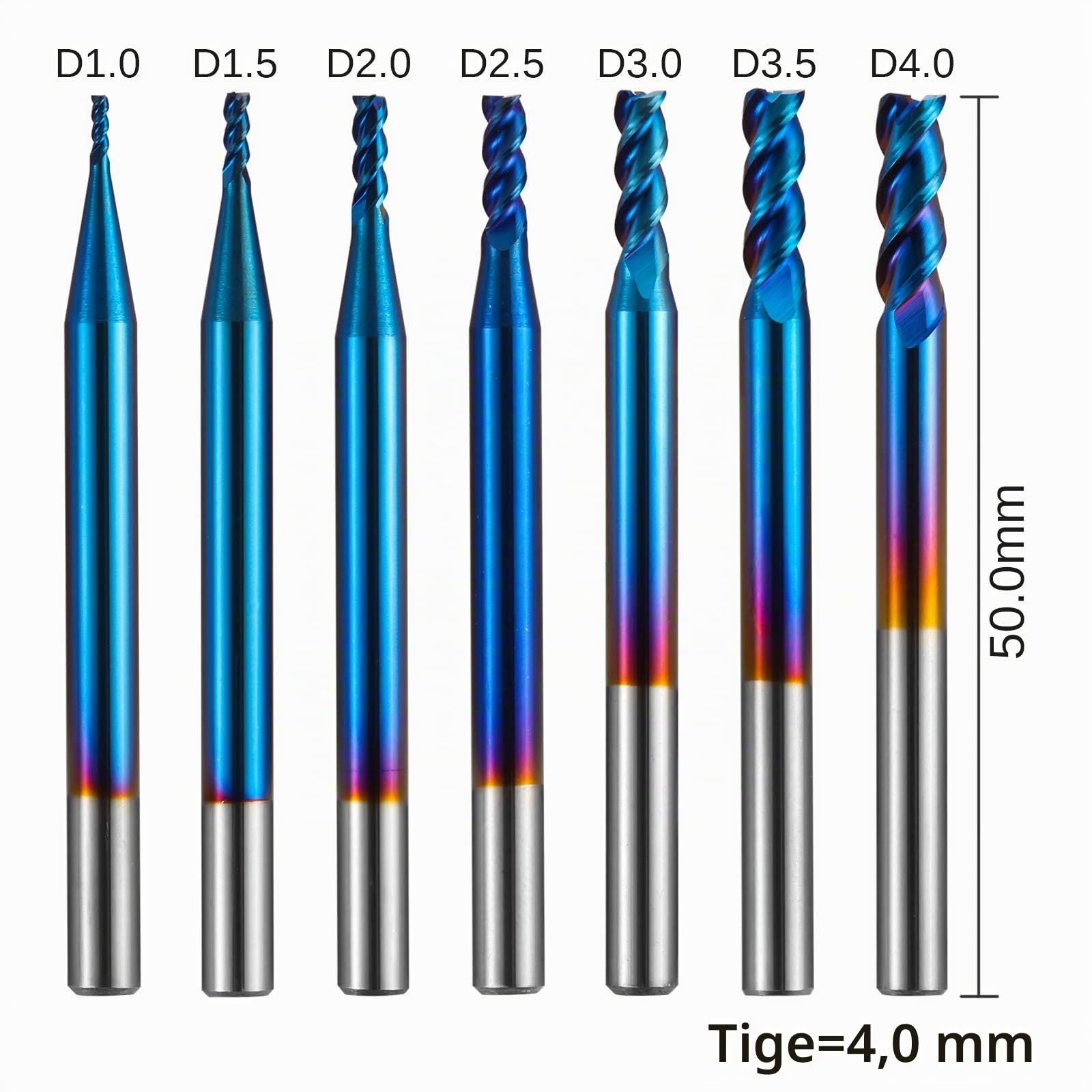 Genmitsu Lot de 7 fraises à bout carré à 3 cannelures pour applications en aluminium, nano revêtement bleu CNC, design de type U, pour le travail et la finition, tige de 4 mm, SN07A