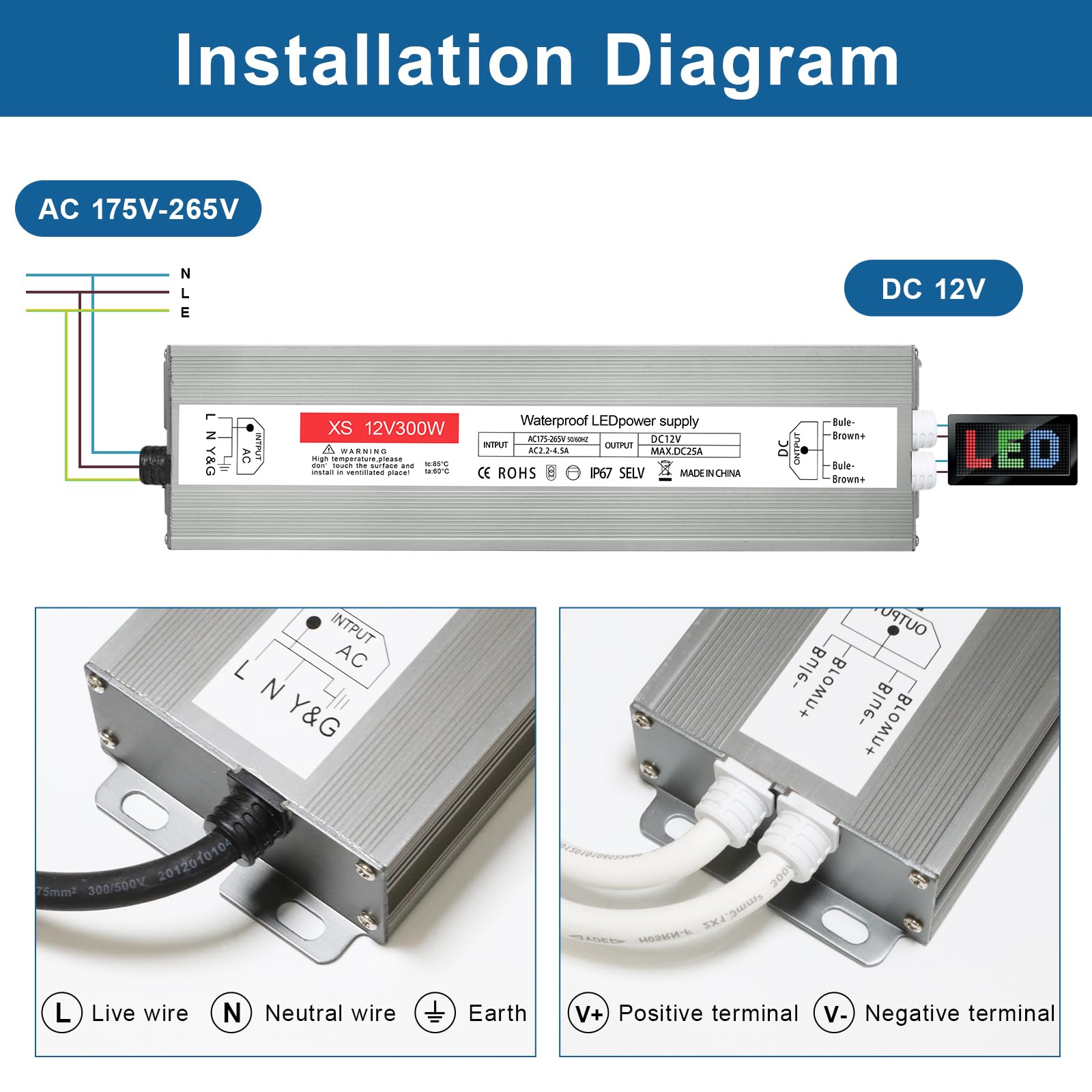 Trasformatore LED 12V 300W, Alimentatore 12v 25A, Trasformatore 220V 12v, Driver LED AC a DC, Impermeabile IP67/Senza Sfarfallio, LeD Alimentatore Driver Power Supply per G4, GU5.3, MR11, MR16