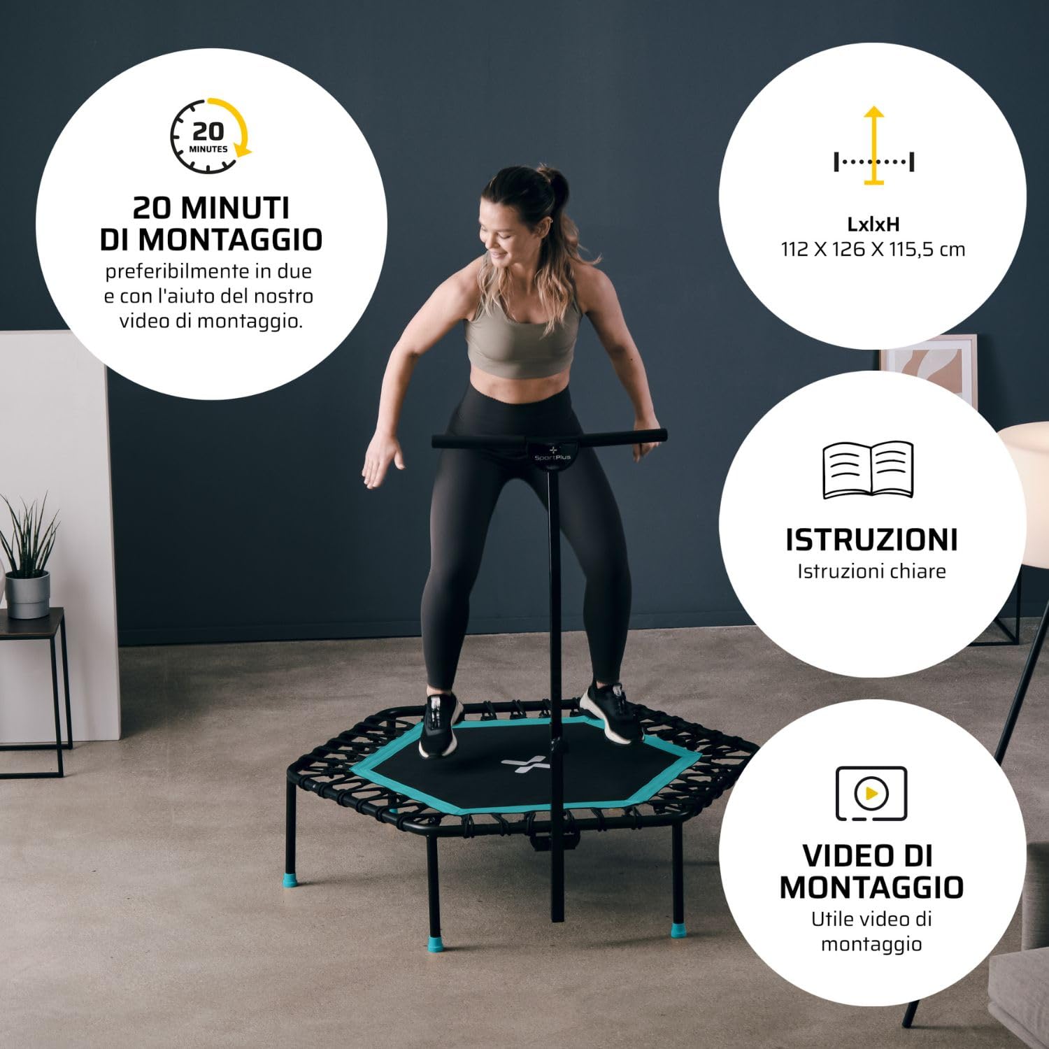 SportPlus Trampolino fitness, sospensioni silenziose con cavi in gomma, peso massimo dell'utente fino a 130 kg, trampolino per il jumping fitness