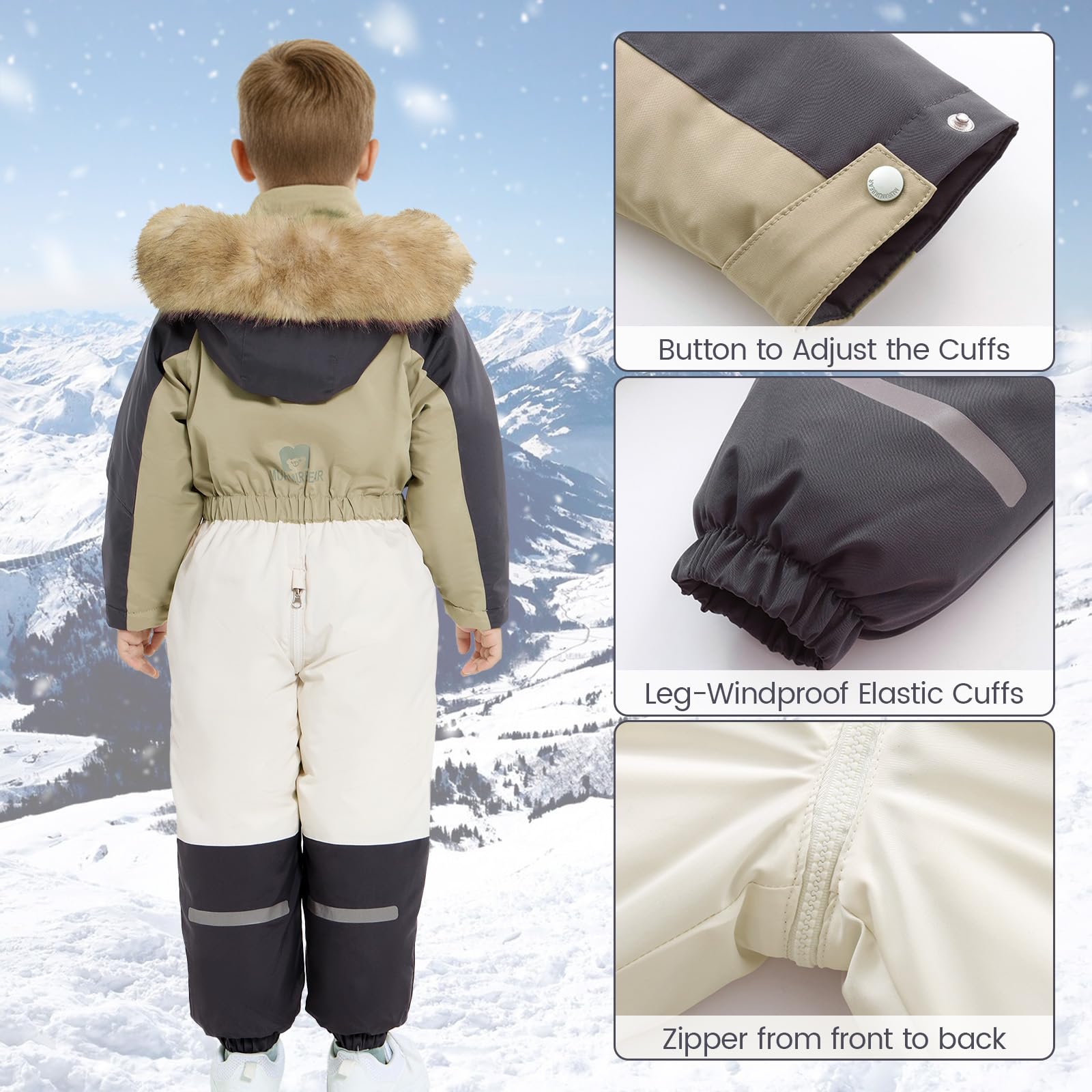 JiAmy Tuta da neve antivento per bambini, tuta invernale per bambini, con cappuccio, foderata in pile, con chiusura lampo per 1-6 anni