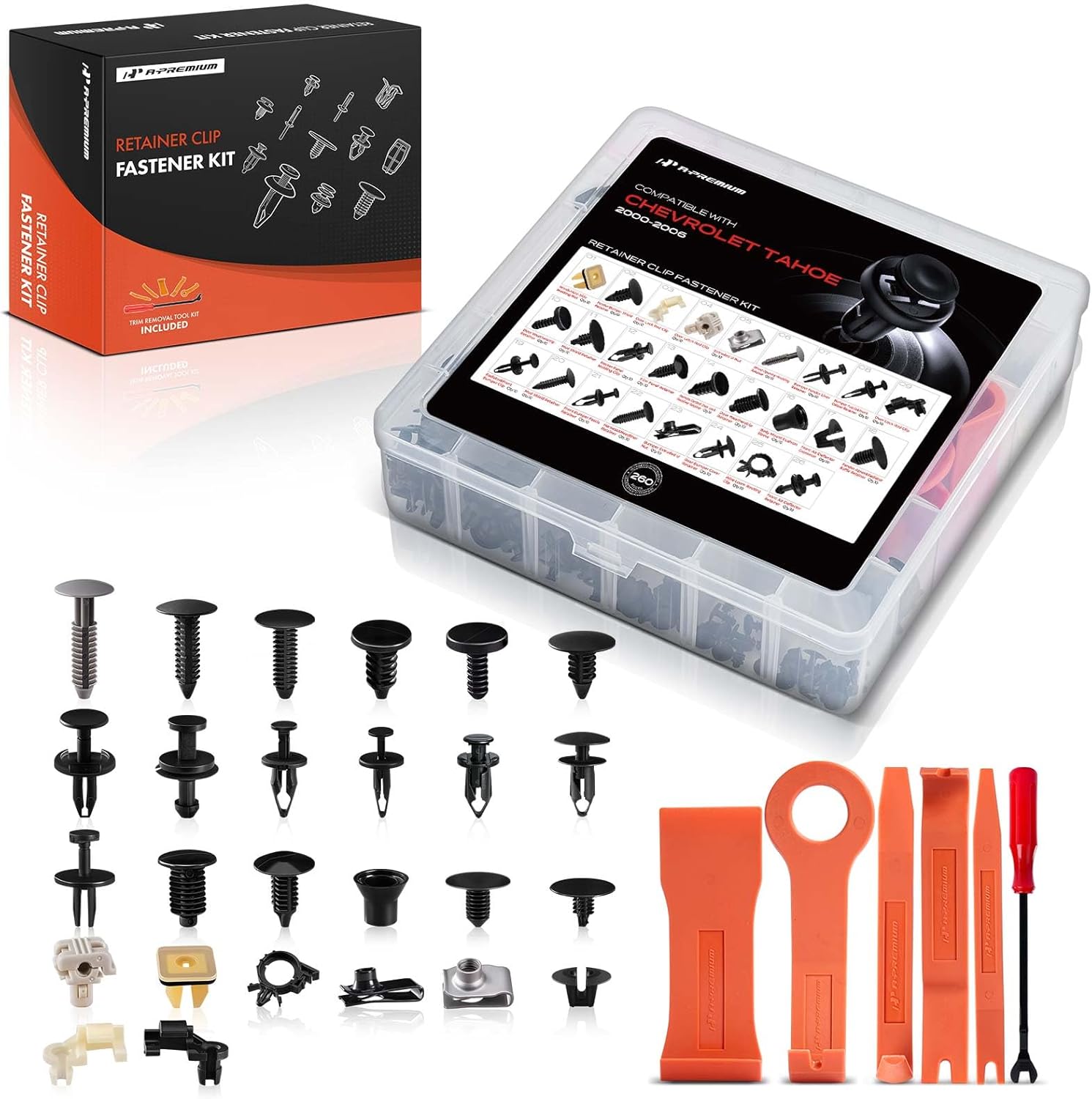 A-Premium 260Pcs 52.48 oz Nylon Bumper Retainer Clips Fender Fasteners Door Trim Panel Clips Molding Auto Push Pin Plastic Rivets Kit Compatible with Chevrolet Tahoe 2000-2006, with Removal Tool