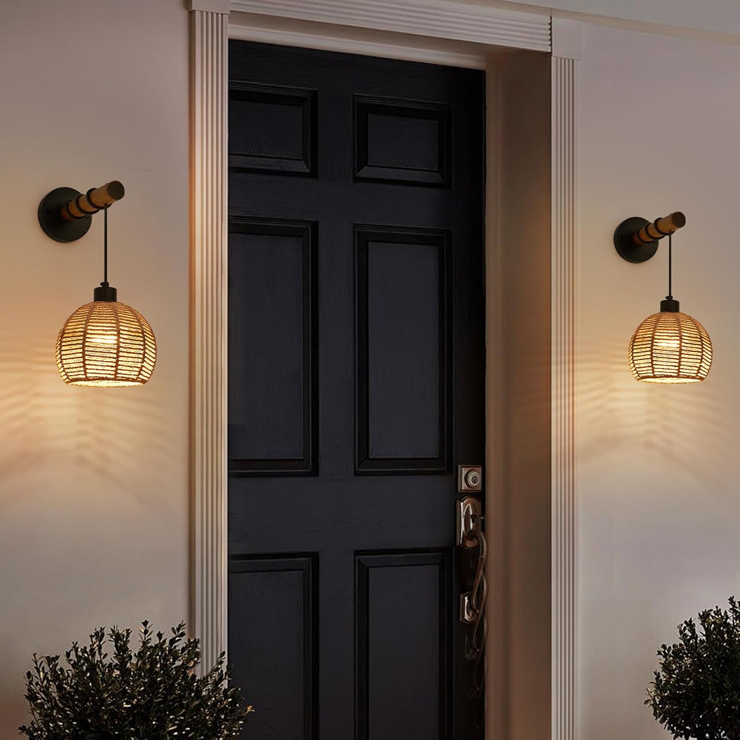 SGLfarmty Battery Operated Wall Sconces Set of 2, Farmhouse Rechargeable Battery Powered Wall Light with Wooden Arm & Remote Control, 3 Colors Dimmable Hemp Rope Wall Lamps for Bedroom, Living Room