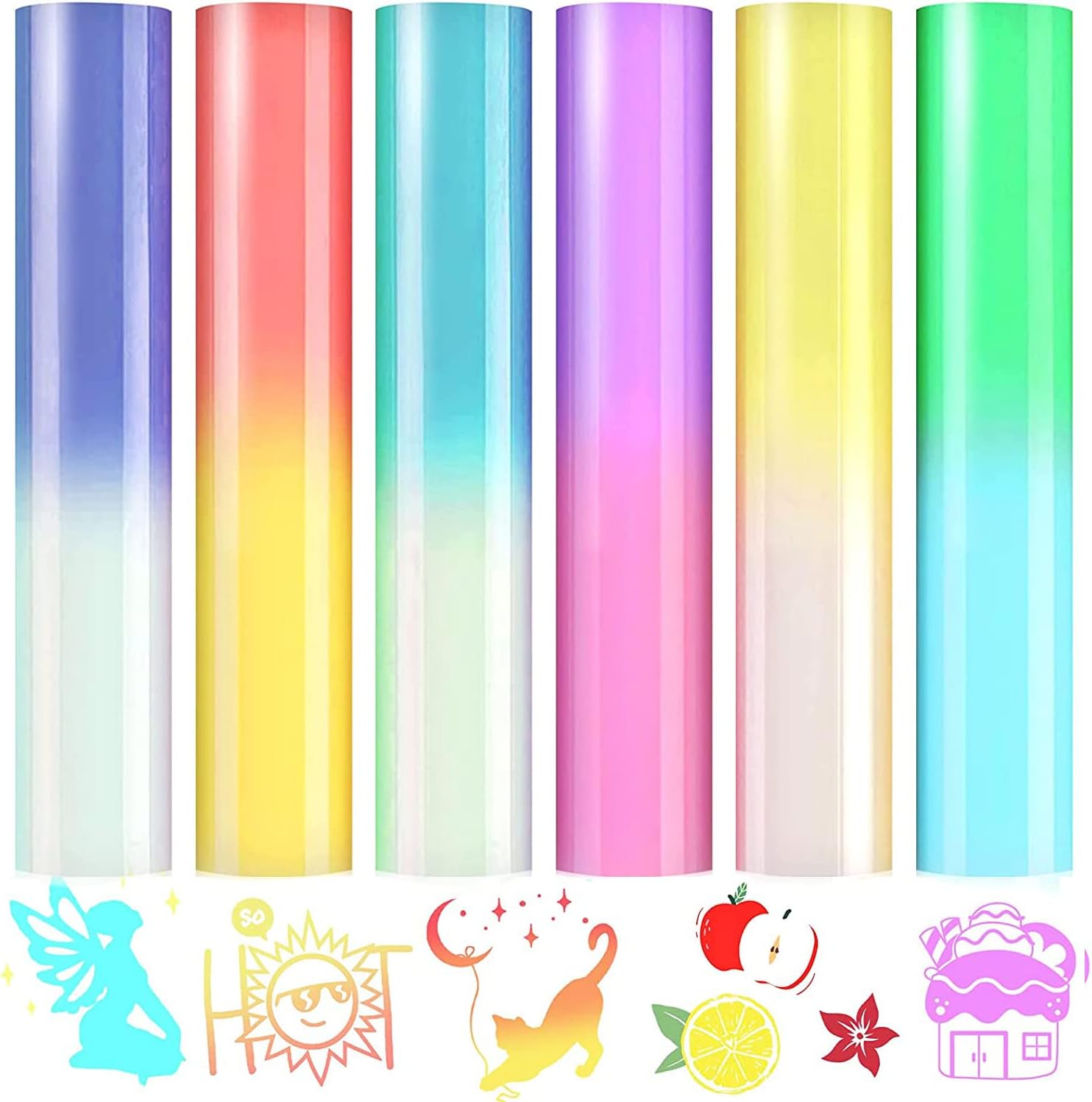 Heflashor Color Chaning HTV Heat Transfer Vinyl Bundle, 6 Sheets 12 x 10 Inch Pastel Light Sensitive Iron On Vinyl for DIY T Shirts, Assorted Color Rainbow Heat Press Vinyl Sheets for Fabric, T-Shirts