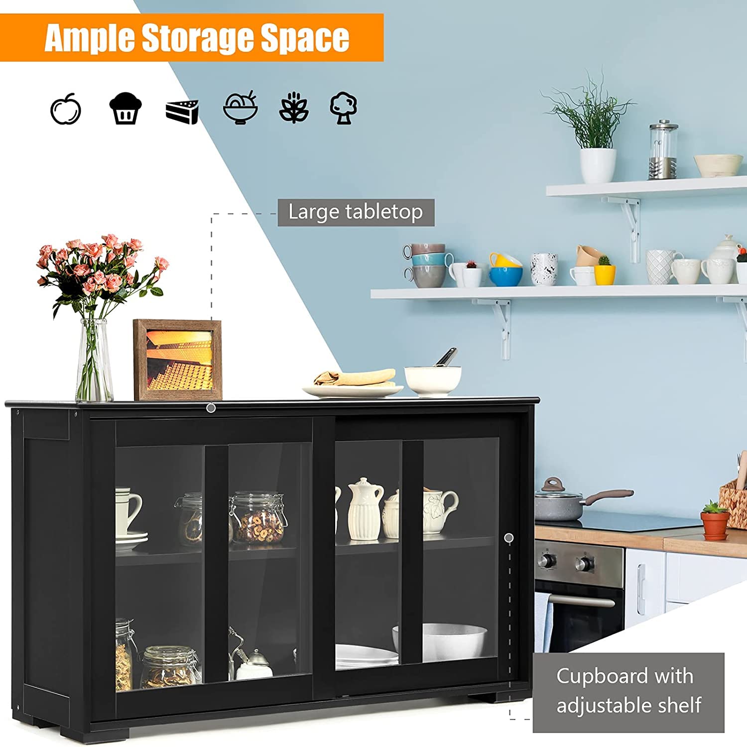 Armario de almacenamiento apilable de cocina con estantes de altura ajustable y puertas correderas de vidrio, aparador de consola de buffet, color negro 4